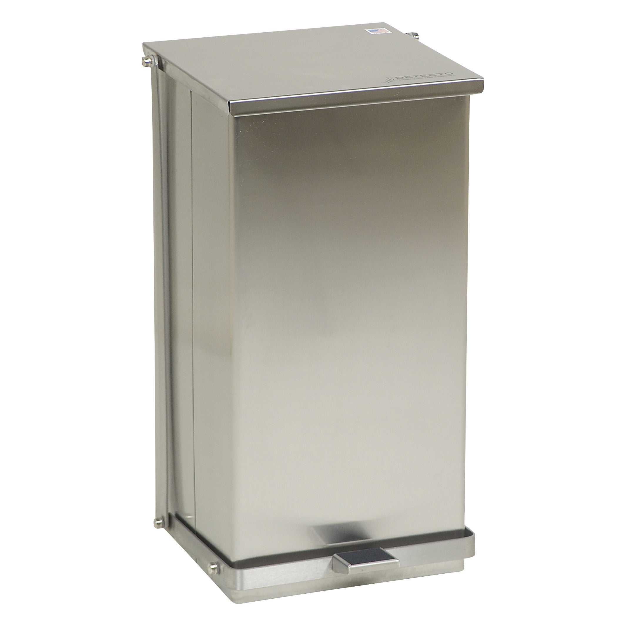 A stainless steel DETECTO Step-On Waste Can with a pedal for hands-free operation, featuring a rectangular design.