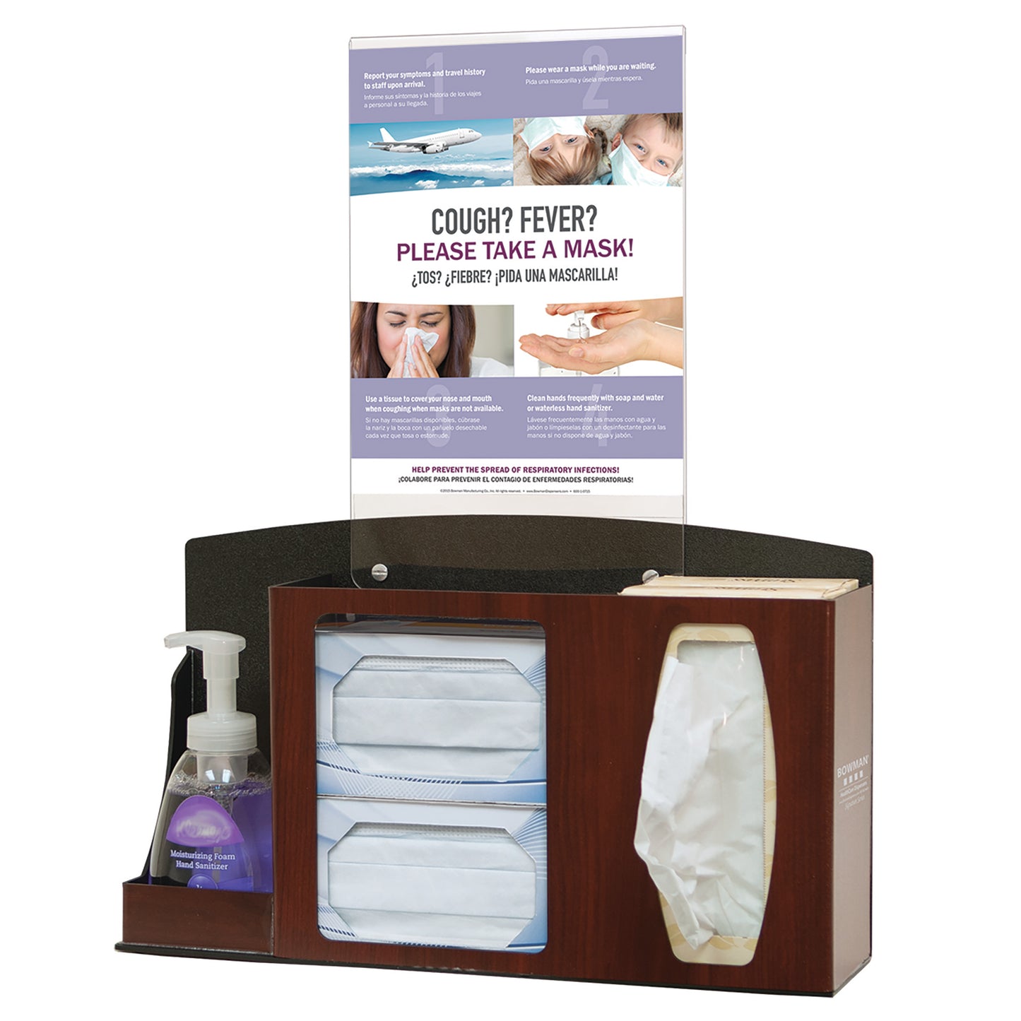 Bowman Basic Counter/Wall Hygiene Center with masks, tissues, and hand sanitizer is displayed, featuring a "Cough? Fever?" sign.