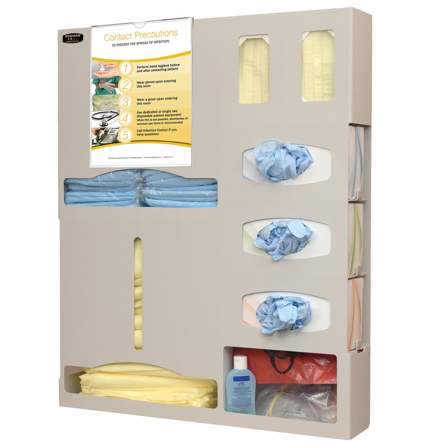 Bowman Tri-Glove Double-Gown ABS Isolation Station with gloves, gowns, face masks, sanitizer, and infection prevention sign.