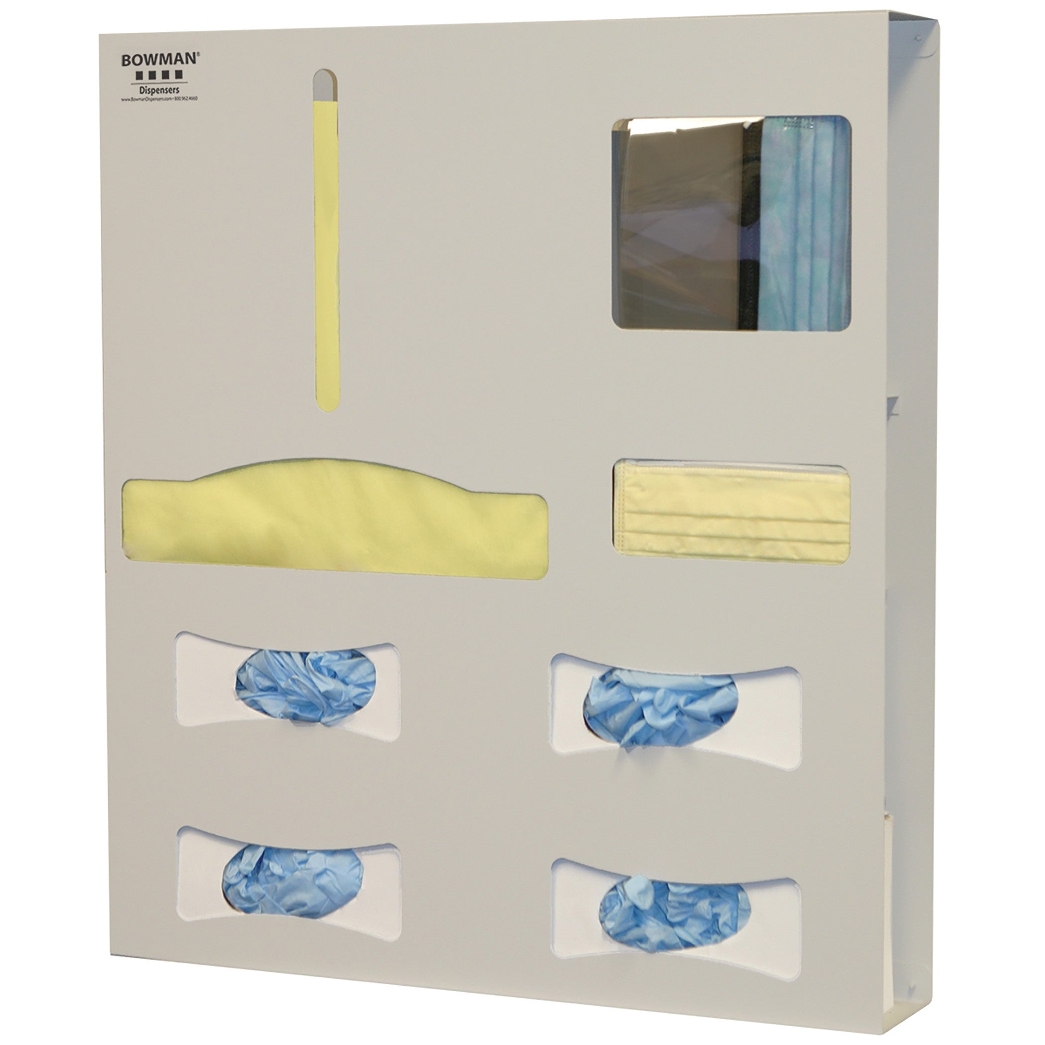 Bowman Quad-Glove Single-Gown ADA-Compliant Isolation Station with compartments for gowns, masks, and gloves in a dispenser unit.