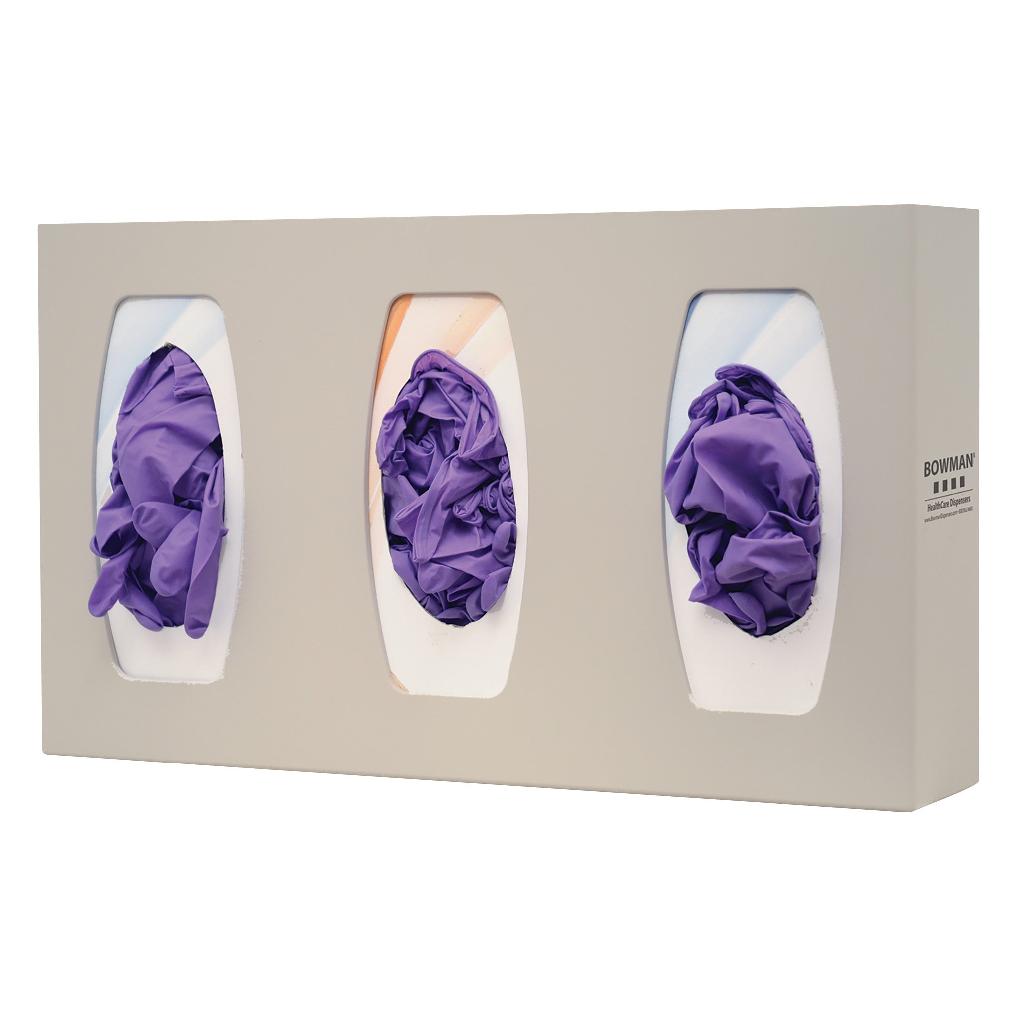 Bowman Triple Glove Box Dispenser with Dividers holding three sections of purple gloves, each visible through an oval opening.