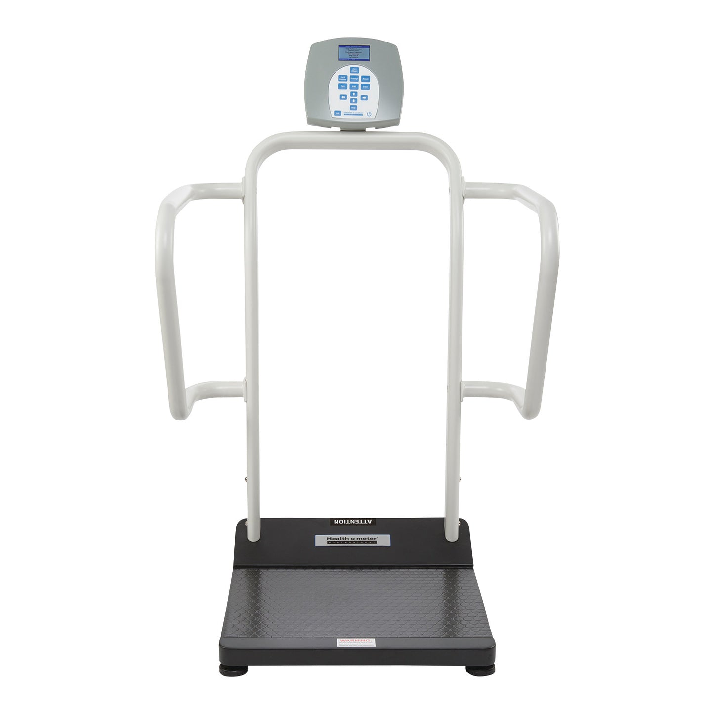 The Health o meter Digital Platform Scale with Everlock features handrails, a digital display, and a sturdy platform for patients.