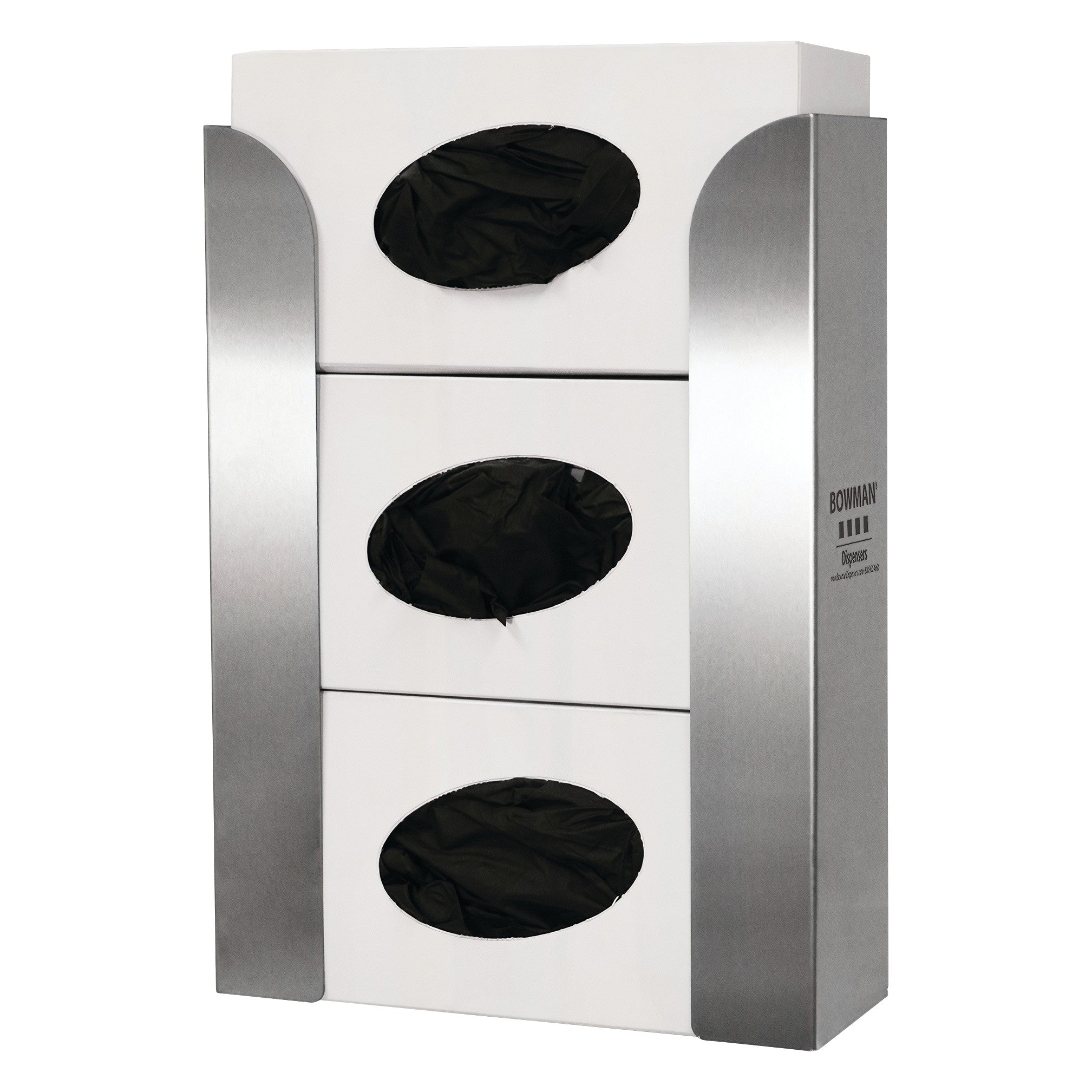 Bowman Top-Loading Triple Glove Box Dispenser with three slots, metal sides, and visible black gloves inside.