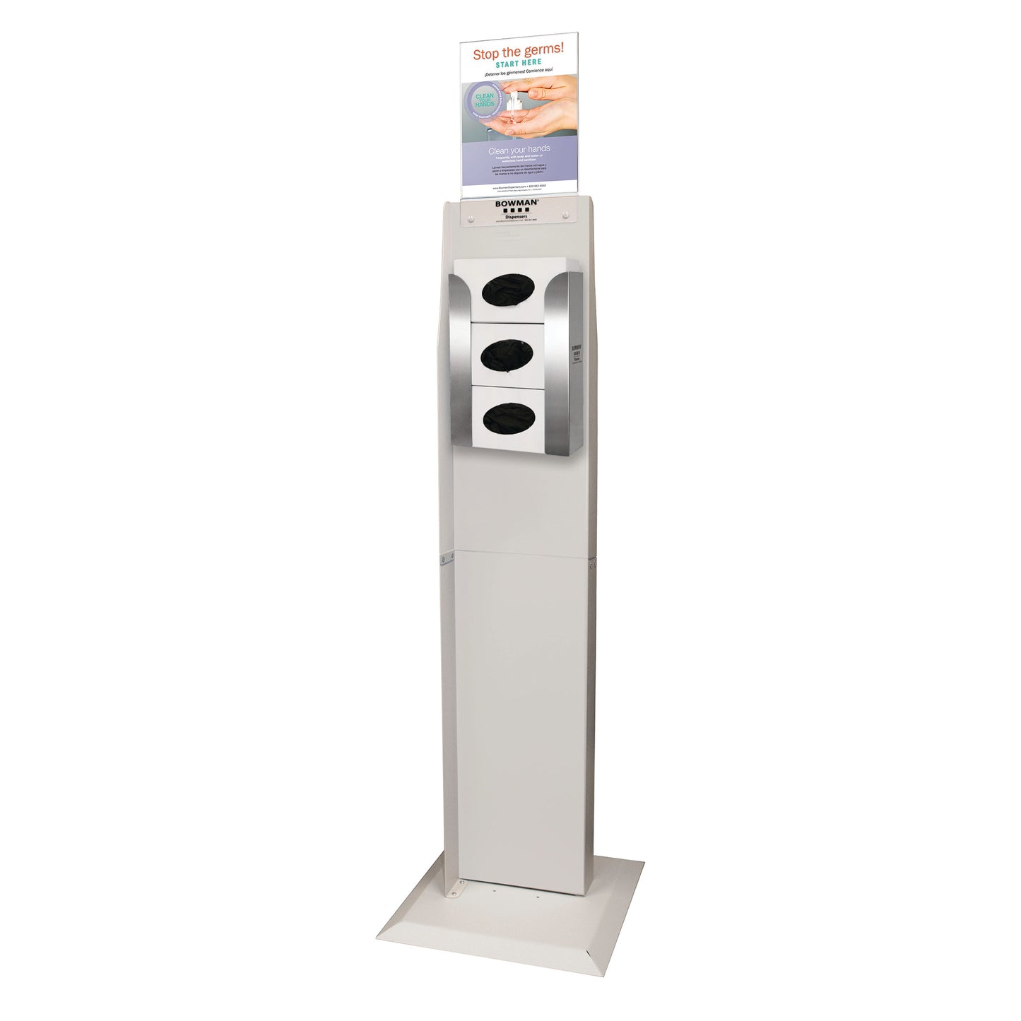 Bowman Top-Loading Triple Glove Box Dispenser with three compartments and a sign encouraging hand hygiene is on a freestanding unit.