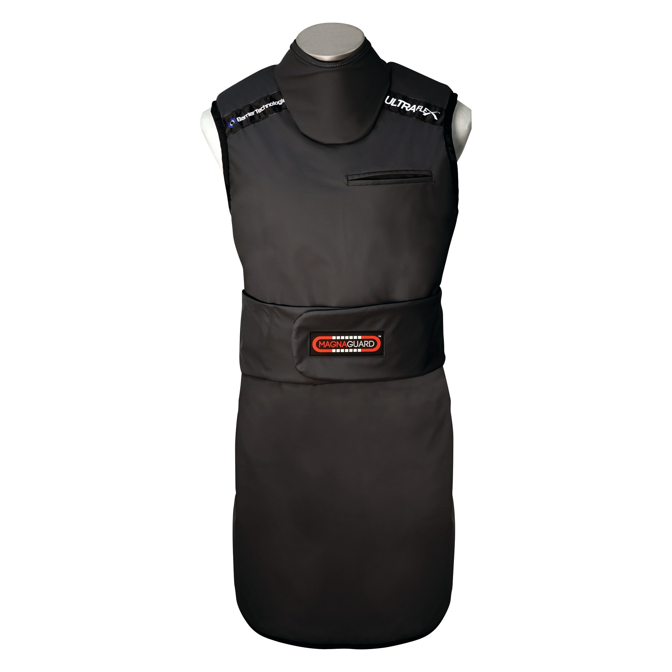 Barrier Technologies MagnaGuard Frontal Lead-Free Apron shown on a mannequin, black with a waist strap and high neck design.