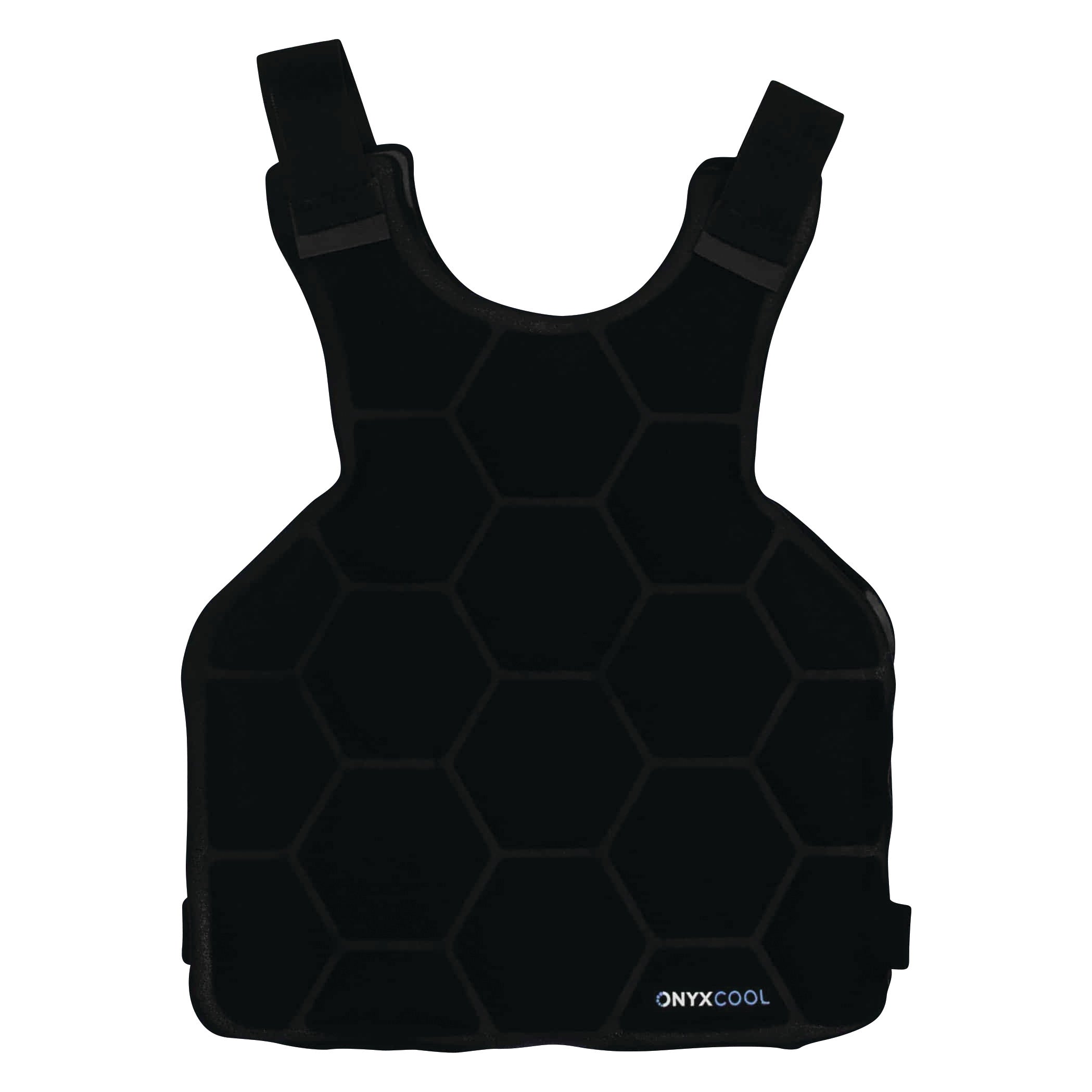 A black Xena Therapies Onyx Cool Safety Pro Vest with hexagonal patterns and adjustable shoulder straps.