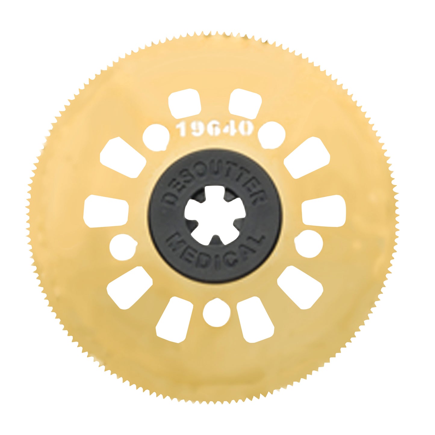 Round Cast Saw Blade for DeSoutter CleanCast CC7 and CC8 Cast Saw with multiple cutouts and a serrated edge, marked with "19640."