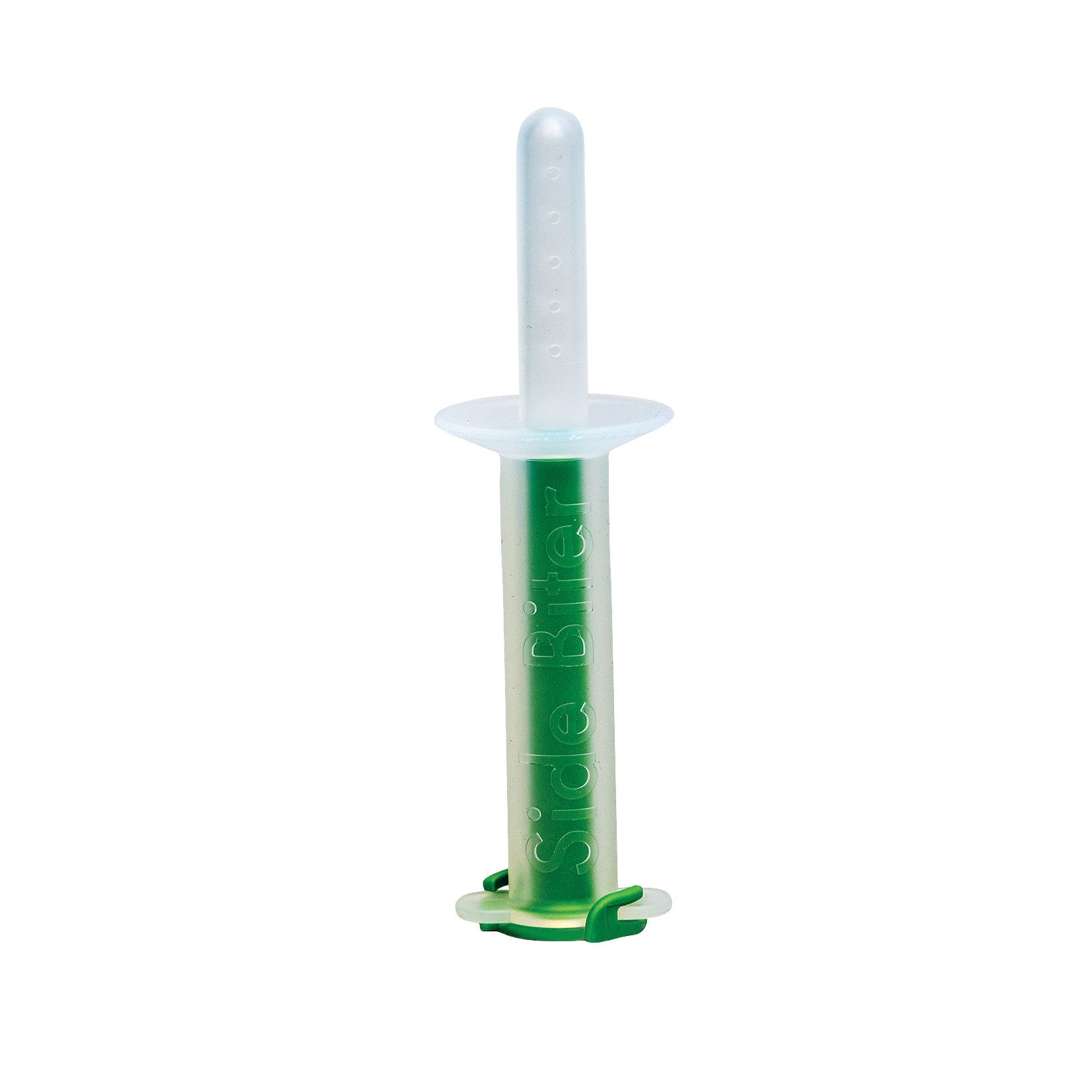 The Side Biter Chewing and Swallowing Therapy Tool, a green and transparent handheld device with a textured grip, stands upright.