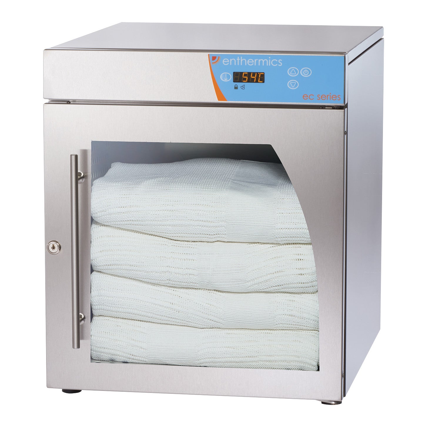 A Pedigo Enthermics Blanket Warming Cabinet filled with folded white blankets, featuring a digital temperature display on top.