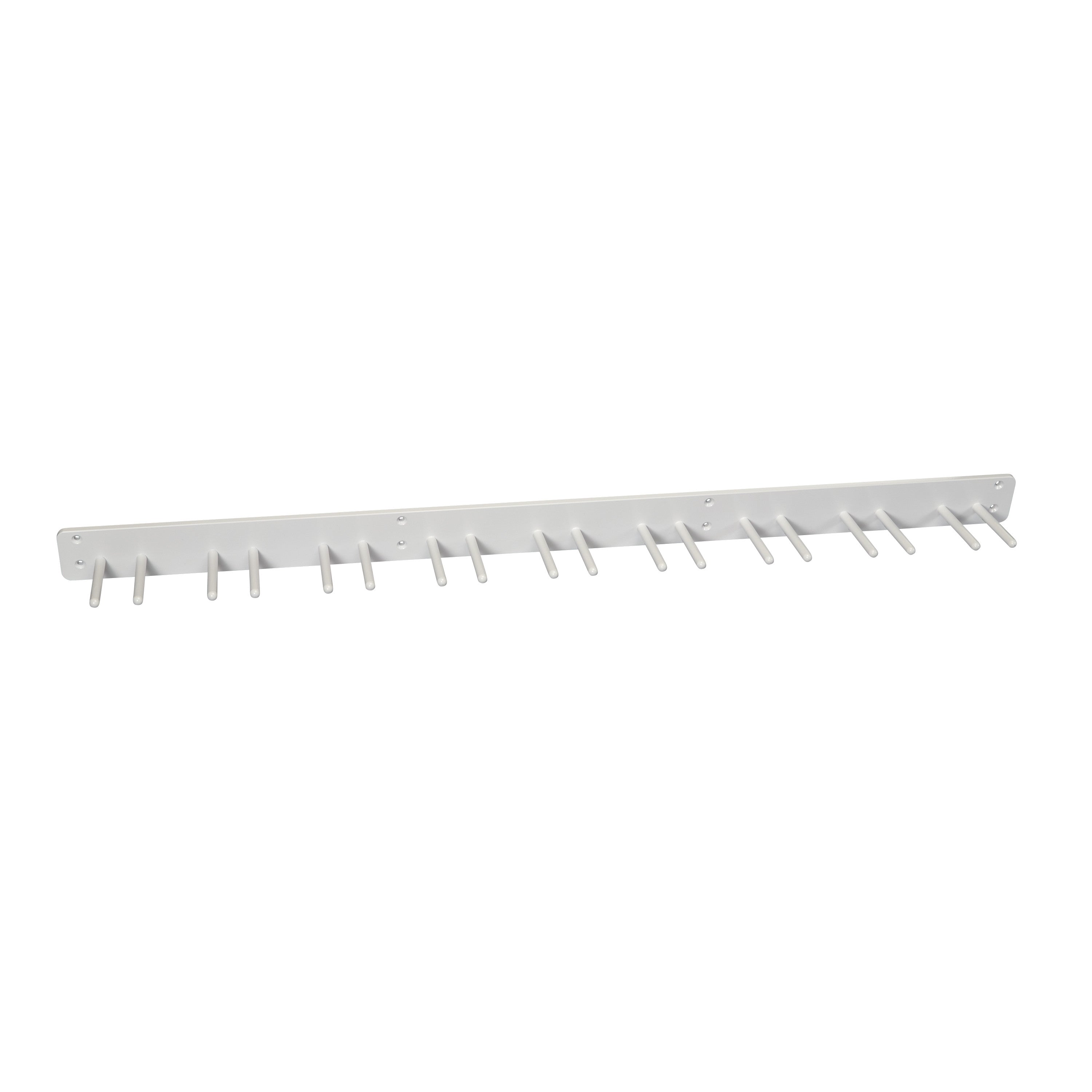 The AliMed Wall Apron Rack is a white metal wall-mounted rack with 13 pegs for hanging aprons or similar items.