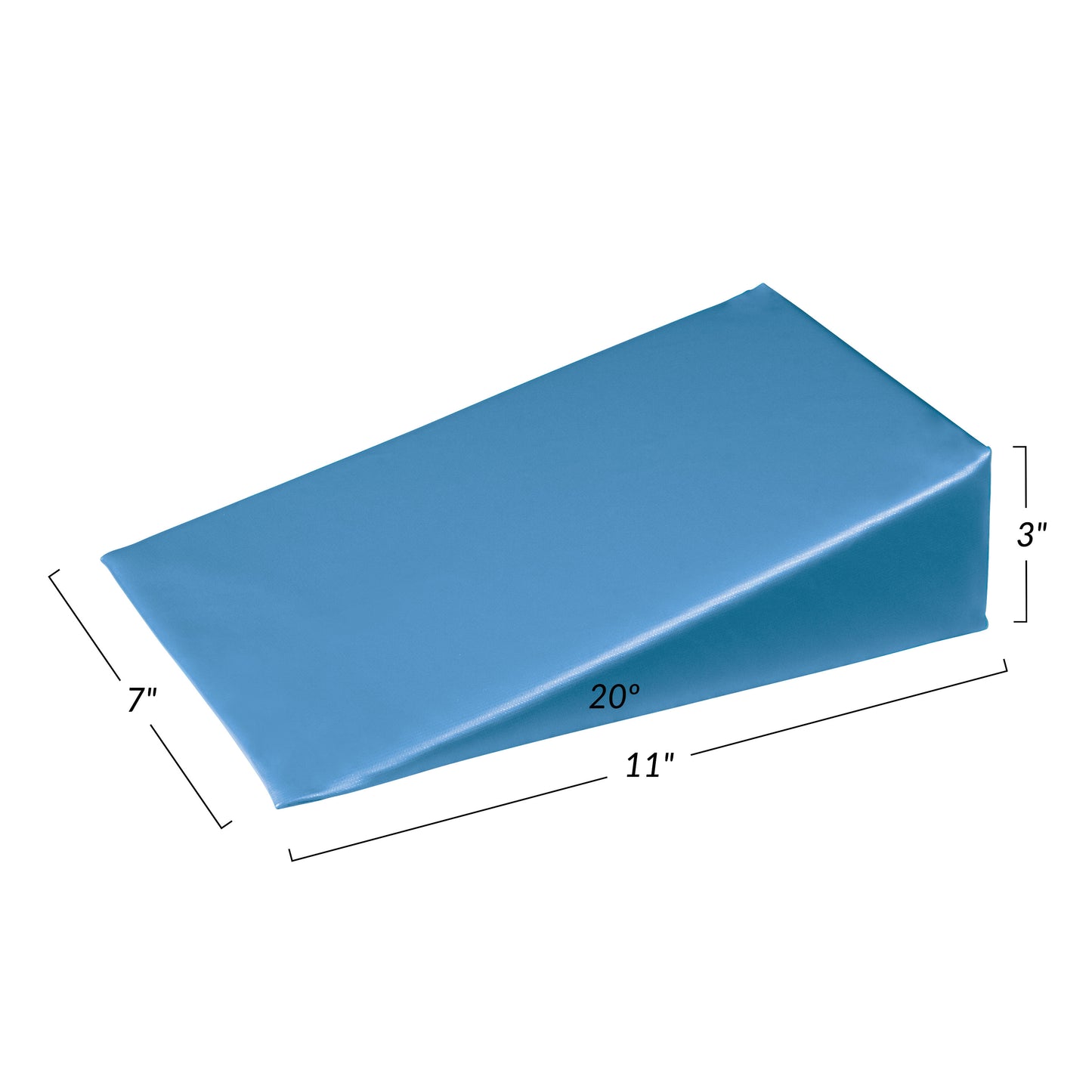 Blue AliMed Vinyl-Covered 20 Degree Small Wedge Positioner. Dimensions: 7"x11" base, 3" height, angled at 20 degrees.