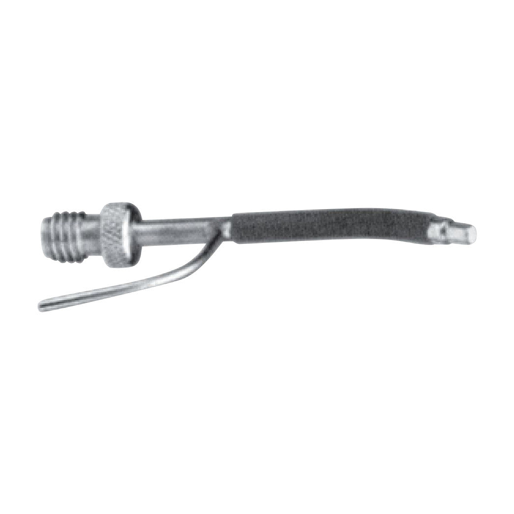 A Round Miniprobe featuring a metal rod with a curved tip and threaded end, designed for precision tasks or adjustments.