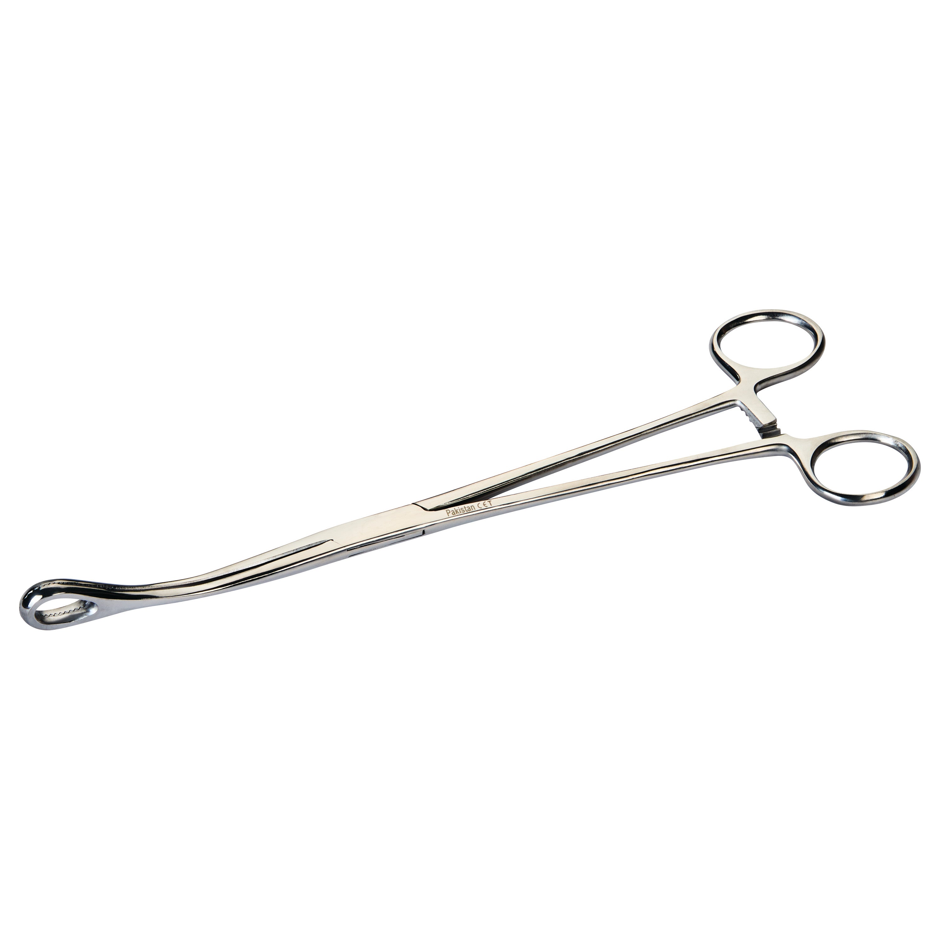 Serrated Foerster Sponge Forceps with a curved tip and finger rings used for grasping or handling items, primarily in medical settings.