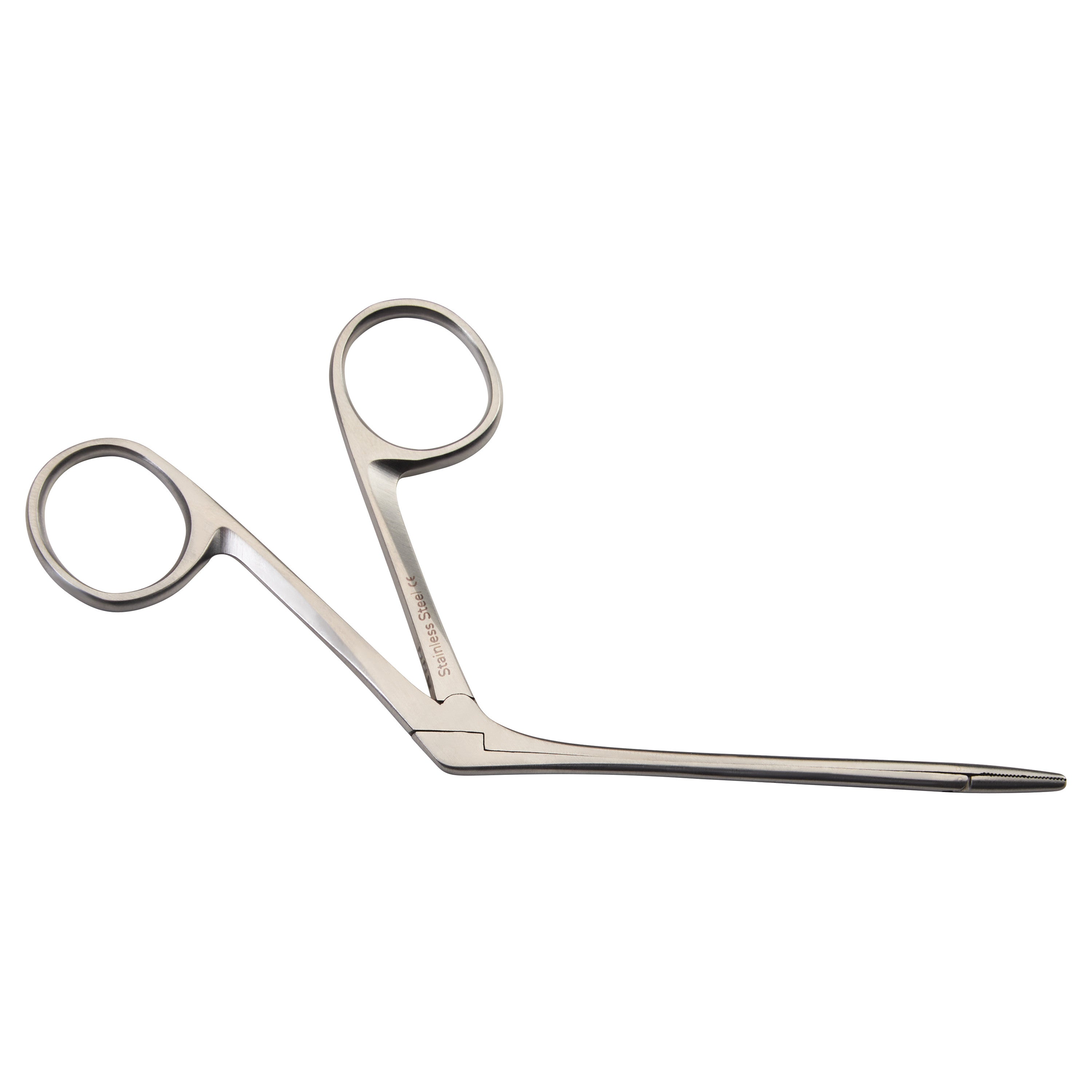 Hartman Alligator Ear Forceps with narrow, angled tips and looped handles on a white background, used for medical procedures.
