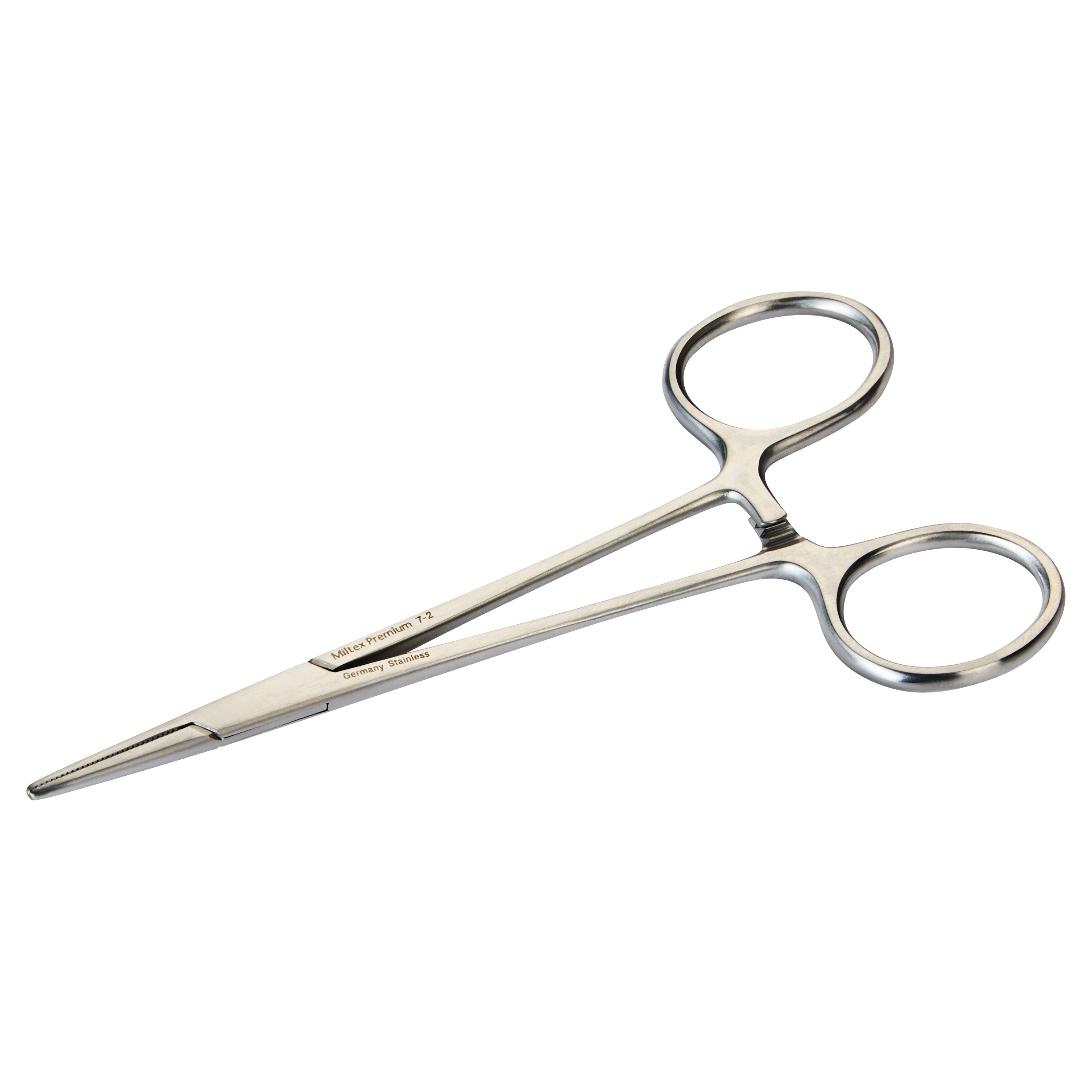 Miltex Halsted Mosquito Forceps made of stainless steel with slim, serrated tips and finger ring handles on a white background.