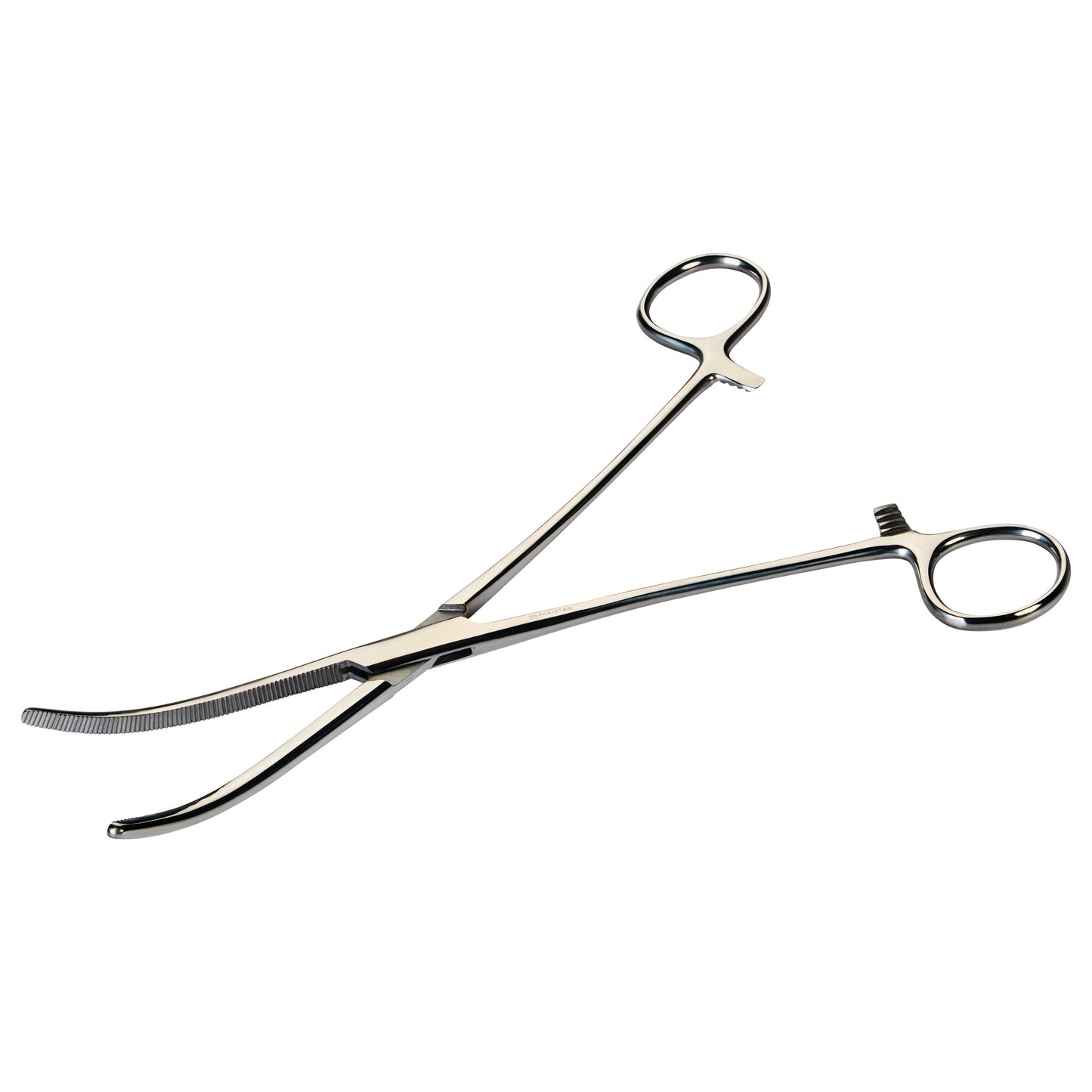 Rochester-Pean Forceps with a curved, serrated jaw and finger rings, used for clamping in medical procedures.