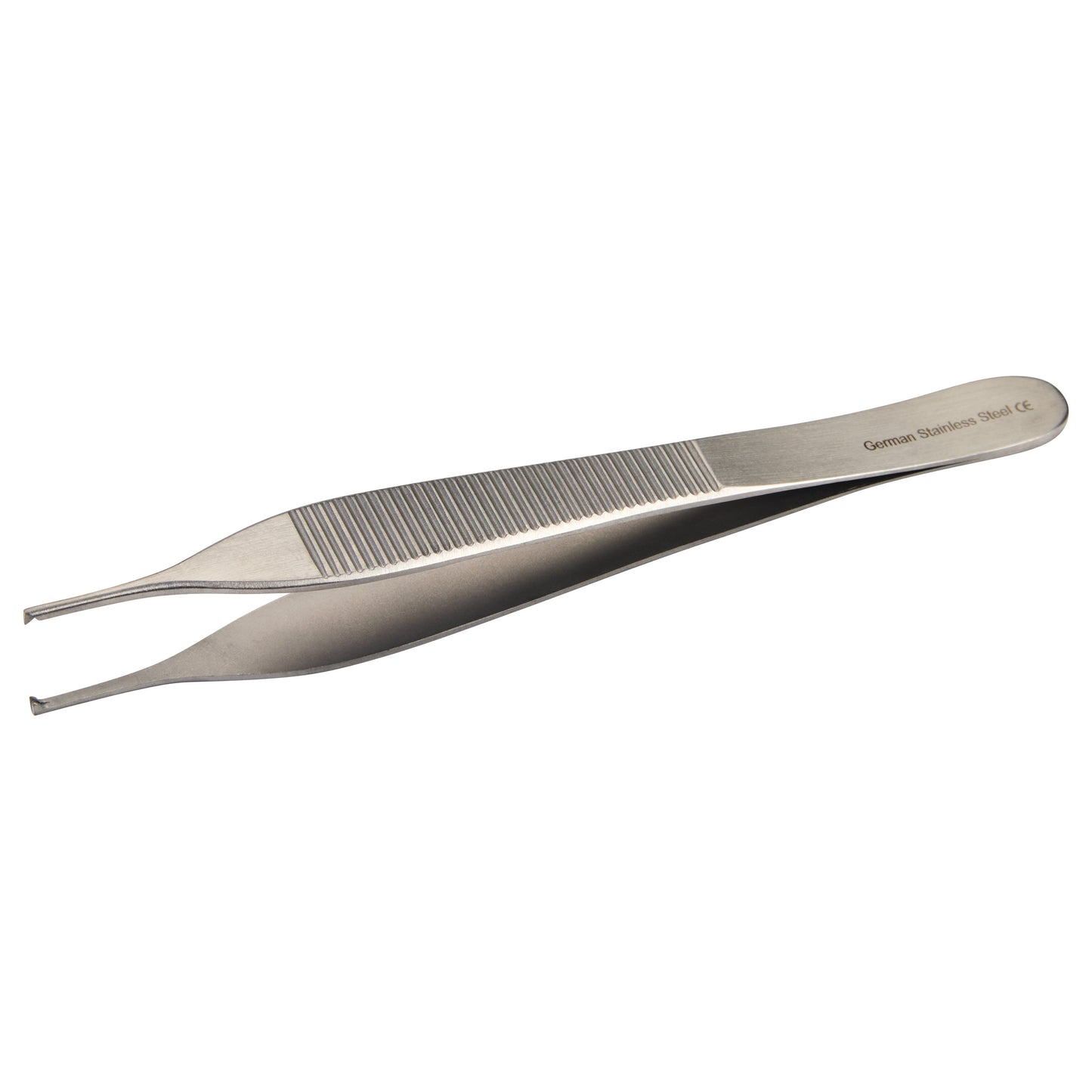 A pair of Adson Tissue Forceps made of stainless steel, with textured grips and fine tips, designed for precision handling.