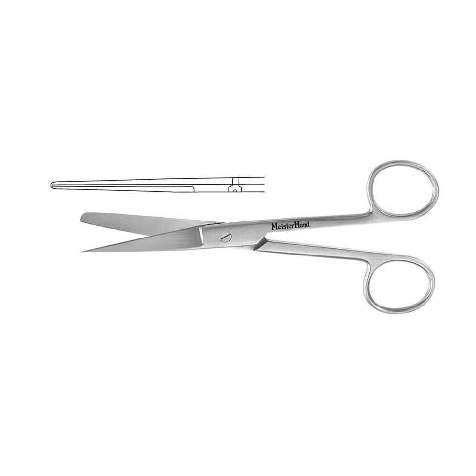 Miltex MeisterHand Operating Scissors with a straight design and smooth blades, alongside a simple line drawing of the scissors.
