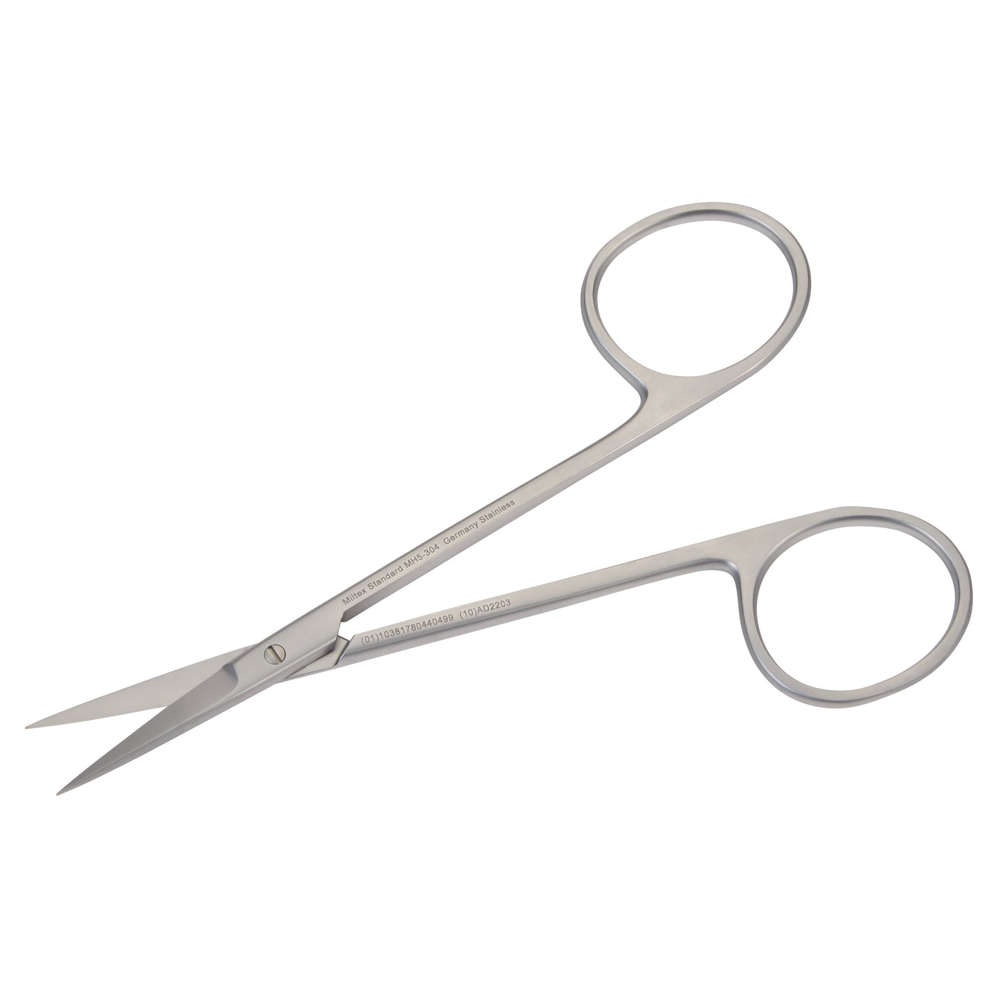 Miltex MeisterHand Iris Scissors with sharp, curved stainless-steel blades and looped handles for precision cutting.