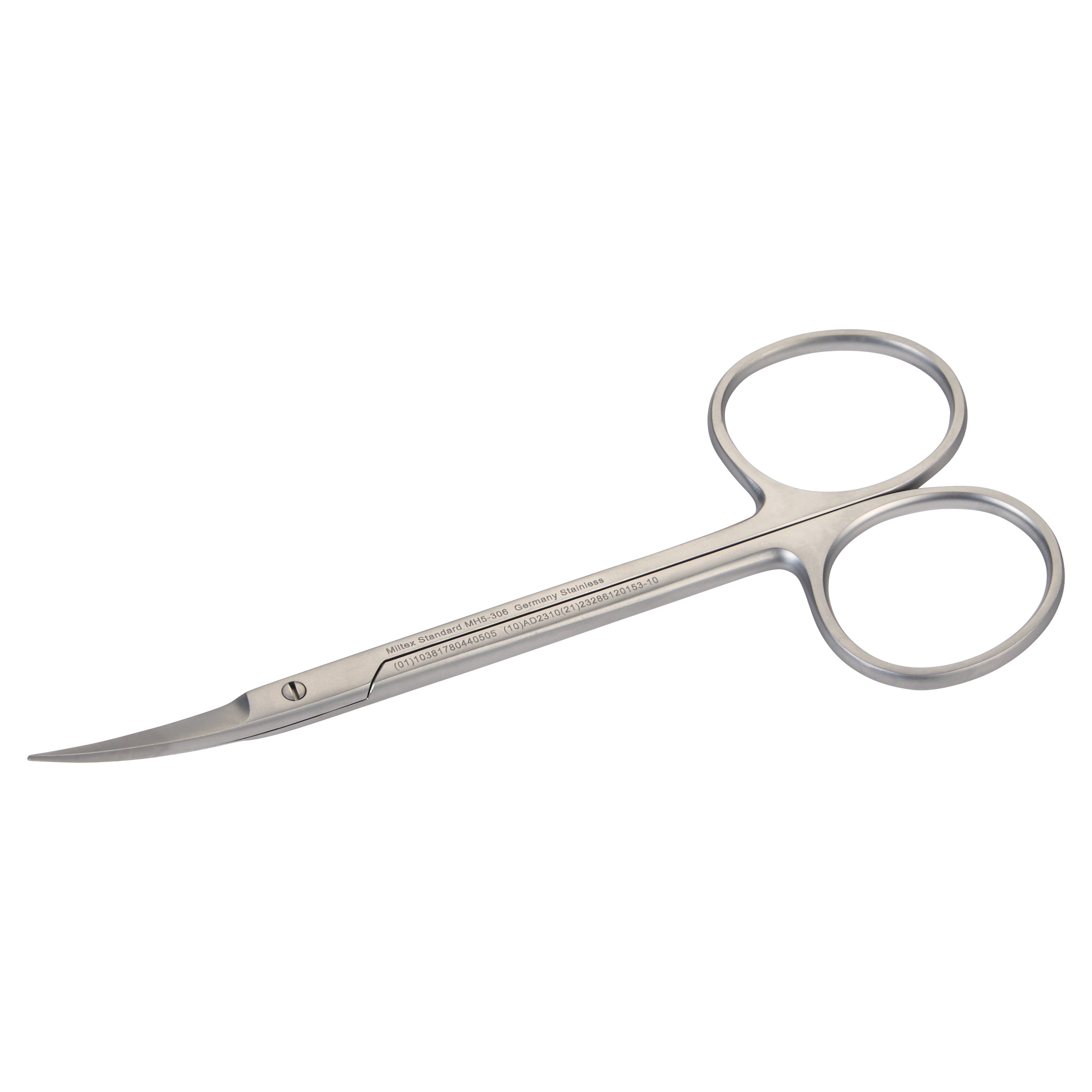 Miltex MeisterHand Iris Scissors with curved blades and round finger holes, made of stainless steel, shown against a white background.