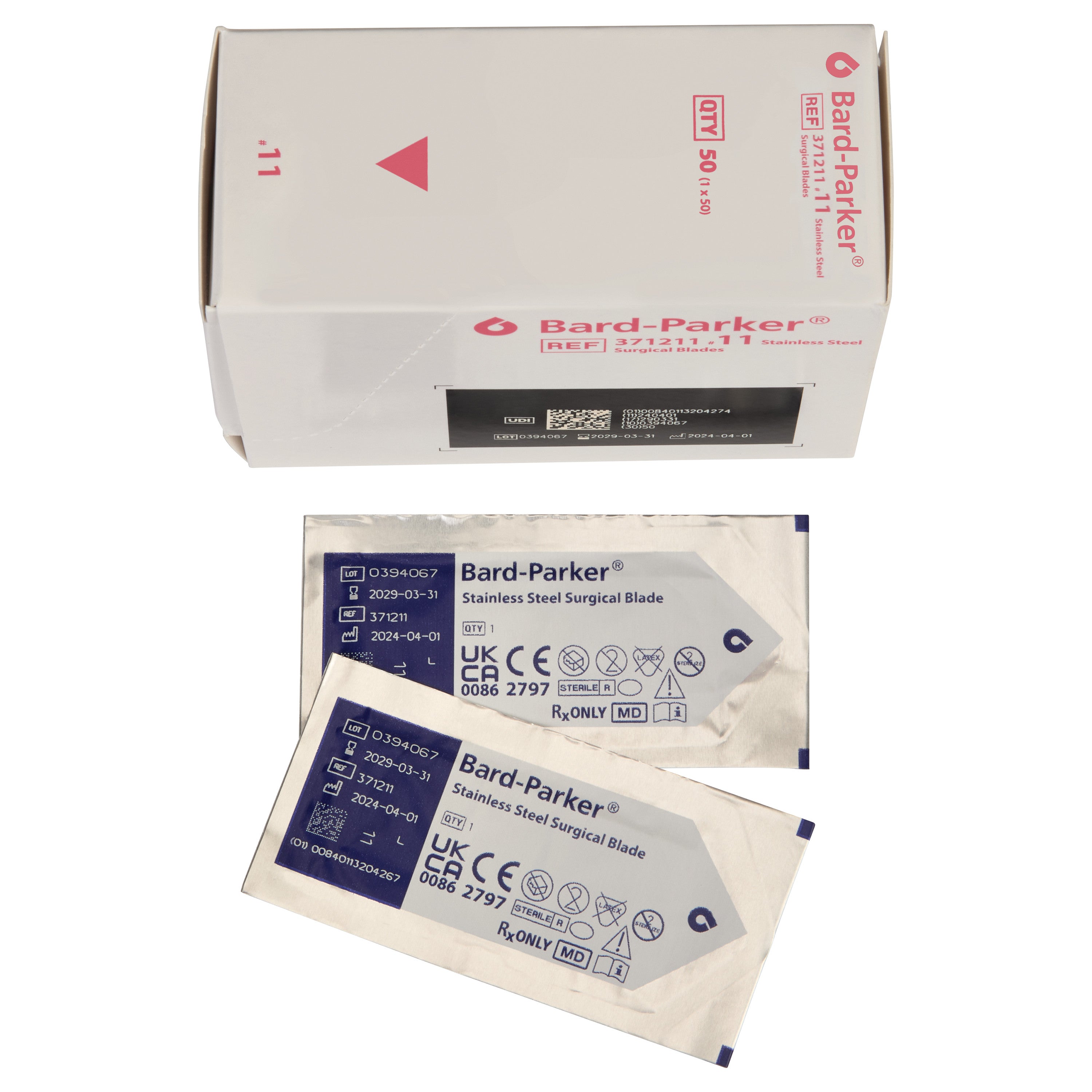 Box and two packets of Bard-Parker Stainless Steel Scalpel Blades, each packet displaying product details and certifications.