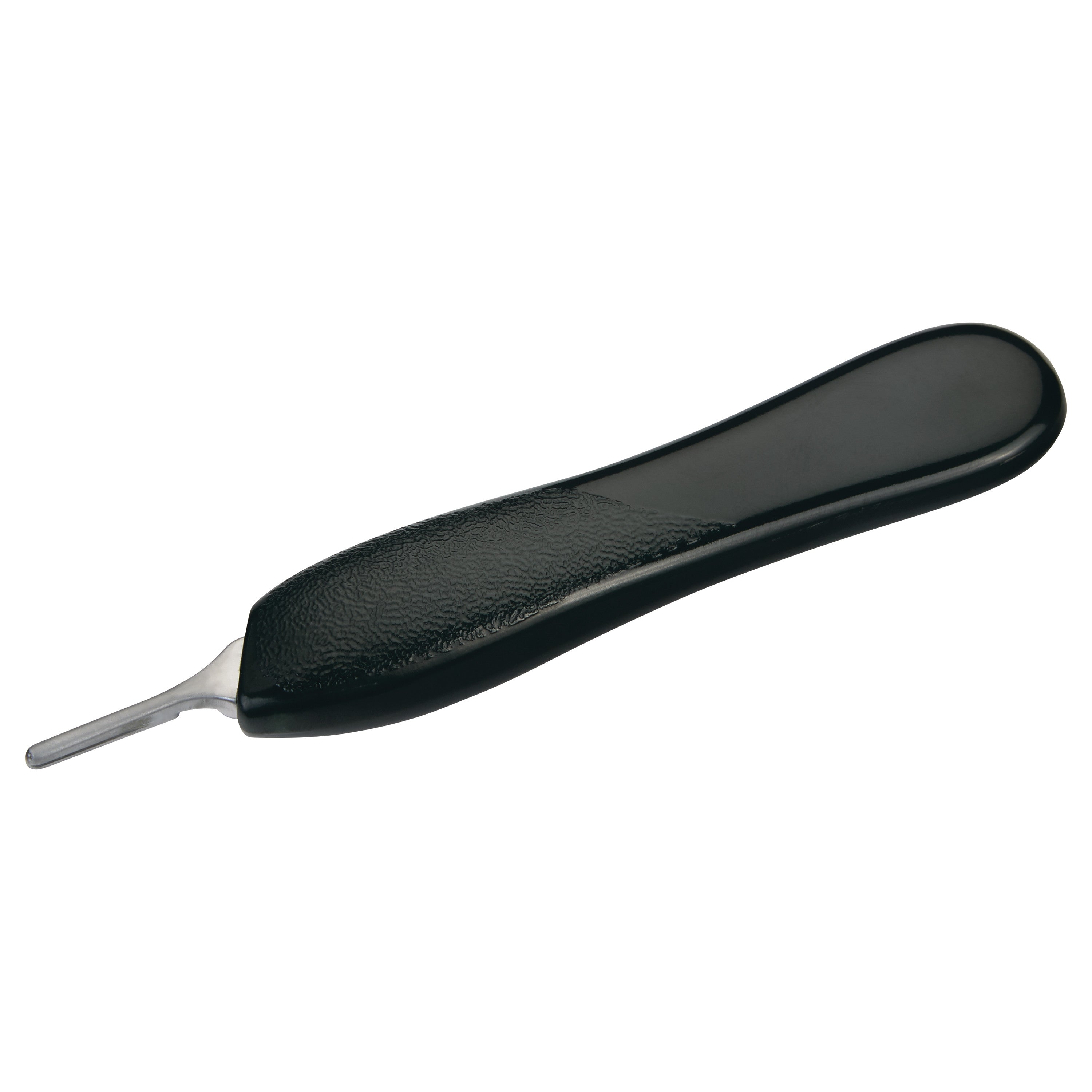 A Bard-Parker B-D Scalpel Handle with a black ergonomic grip and a small, thin metal blade end, shown against a white background.