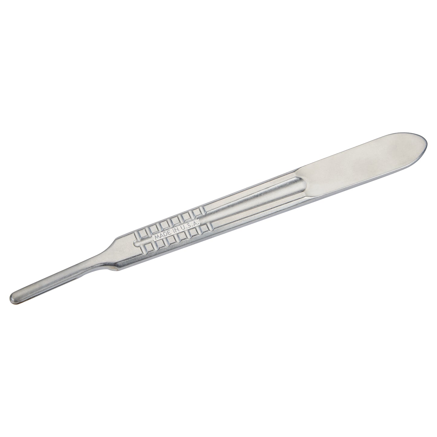 A silver Bard-Parker B-D Scalpel Handle with a flat blade end and textured grip is shown on a white background.