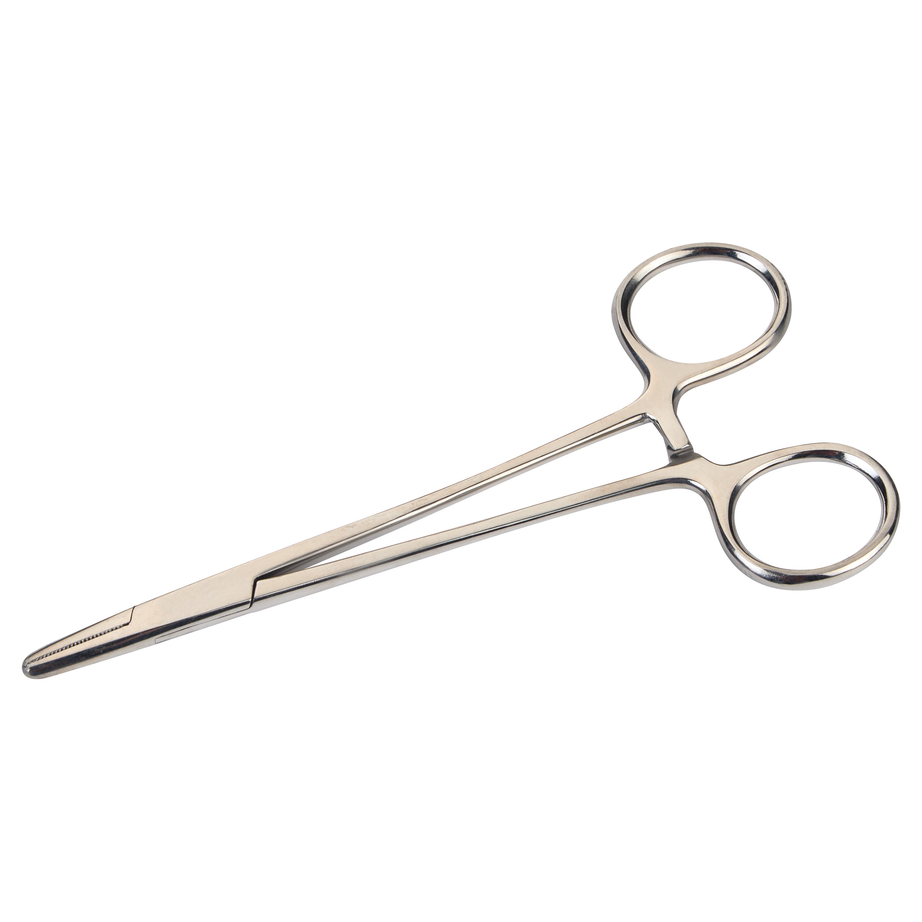 A Mayo-Hegar Needle Holder, a surgical instrument with looped handles and a straight, flat tip, used for holding needles.