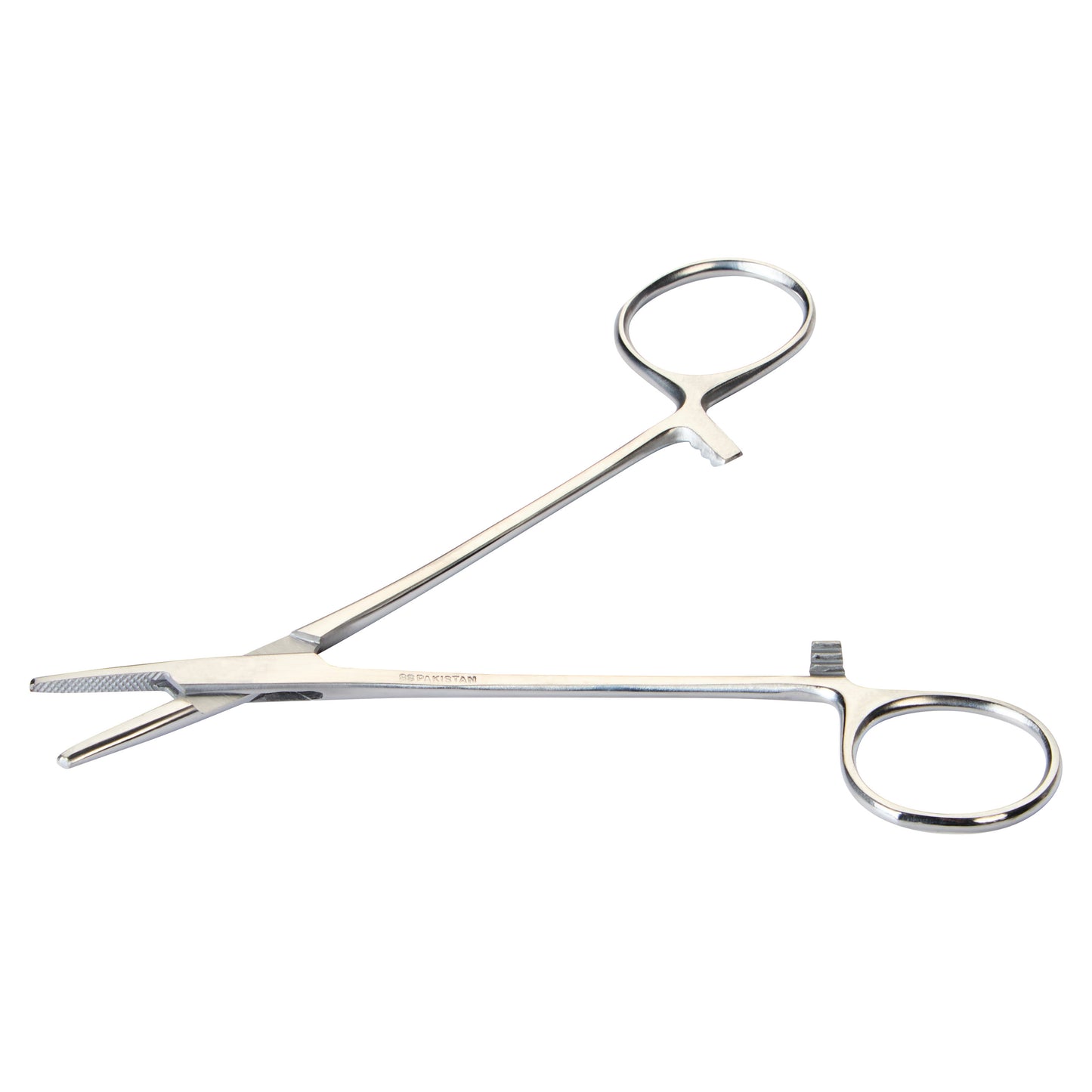 Baumgartner Needle Holder with finger loops and serrated jaws, made of stainless steel, designed for surgical procedures.