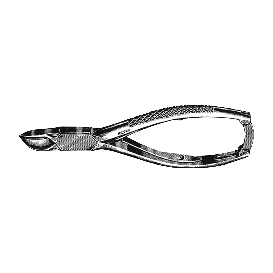 Miltex Double-Spring Nail Nippers with textured handles and sharp blades for precise cutting, shown against a white background.