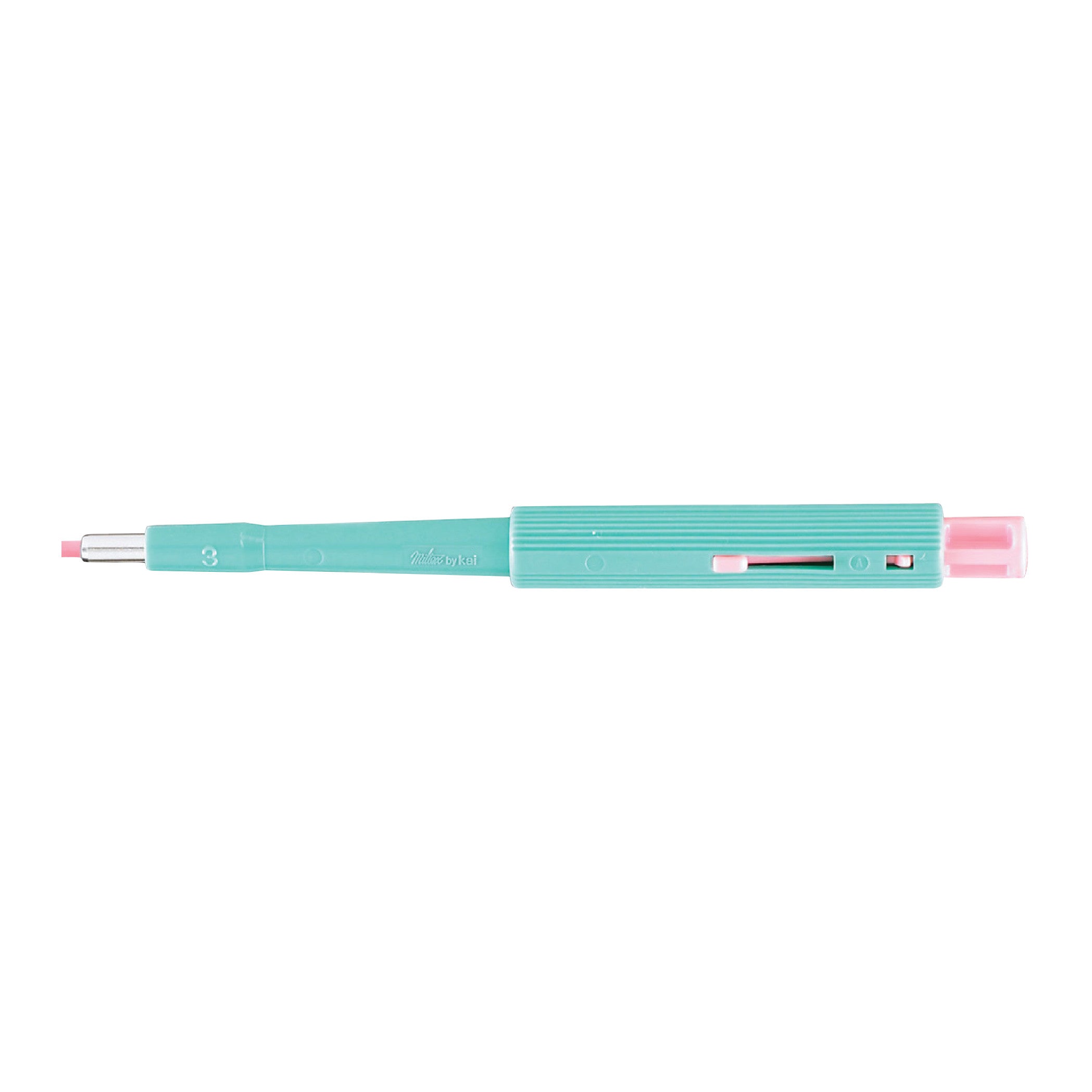 A Miltex Disposable Biopsy Punch with Plunger System, featuring a teal handle and pink tip, lying horizontally on a white background.