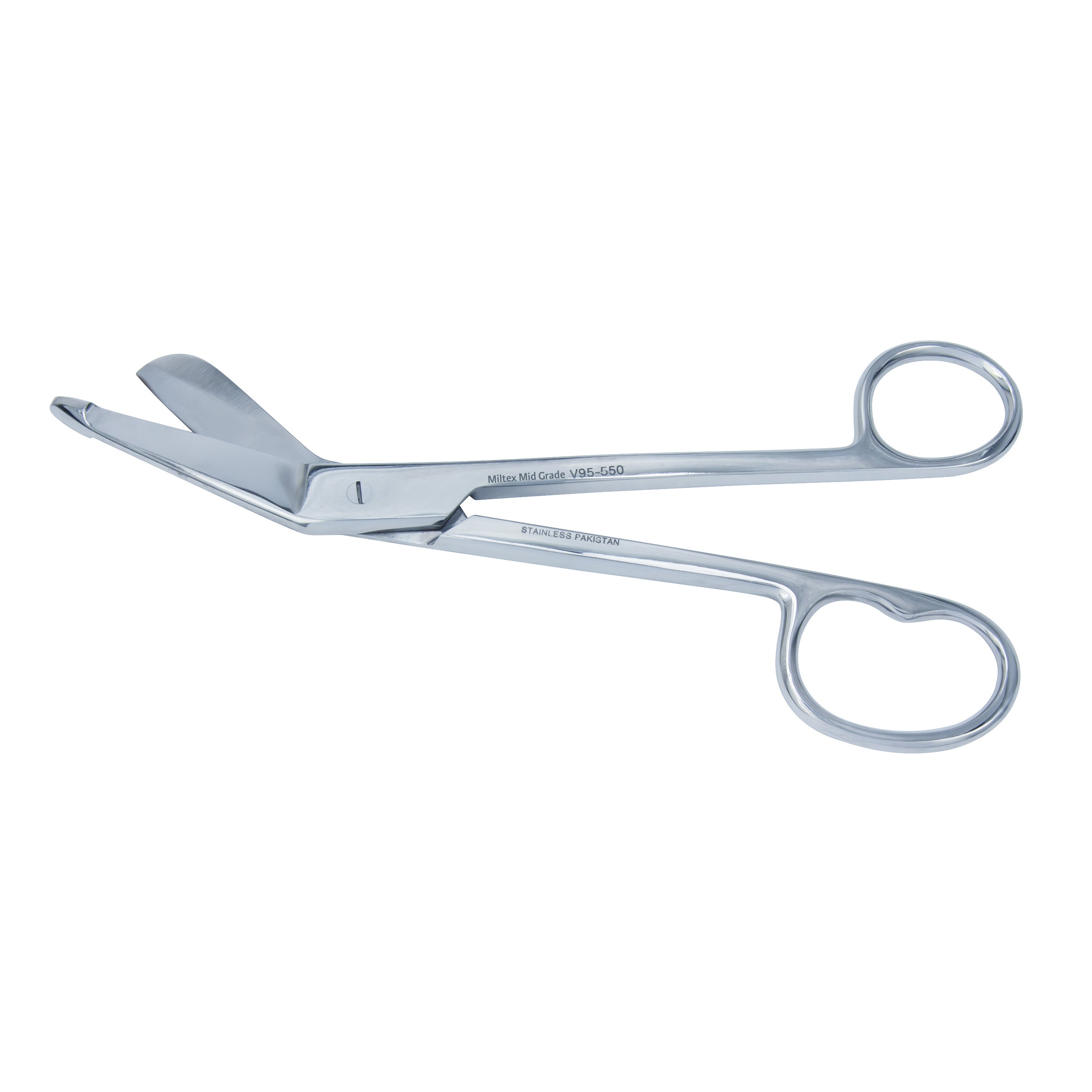 Miltex Lister Bandage Scissors with Large Finger Ring made of stainless steel, featuring a blunt tip and angled blade for safe cutting.