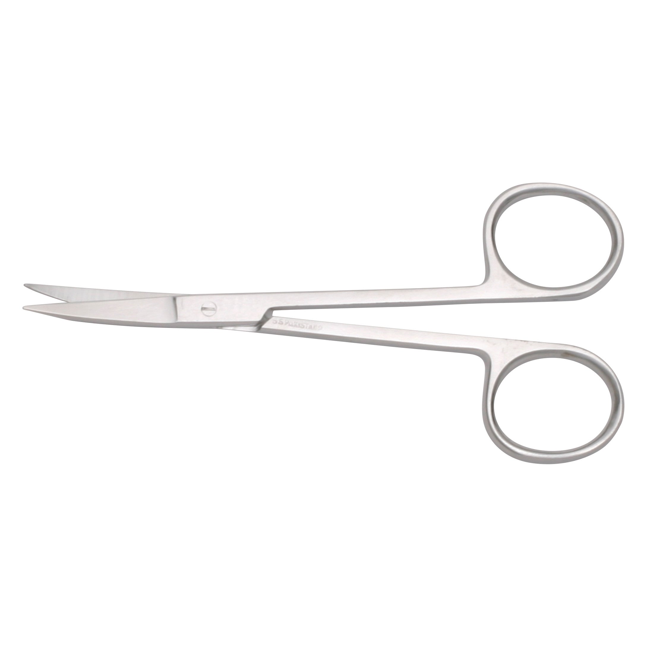 The image features Extra-Delicate Pattern Iris Scissors with curved, pointed tips and round finger grips, designed for precision work.
