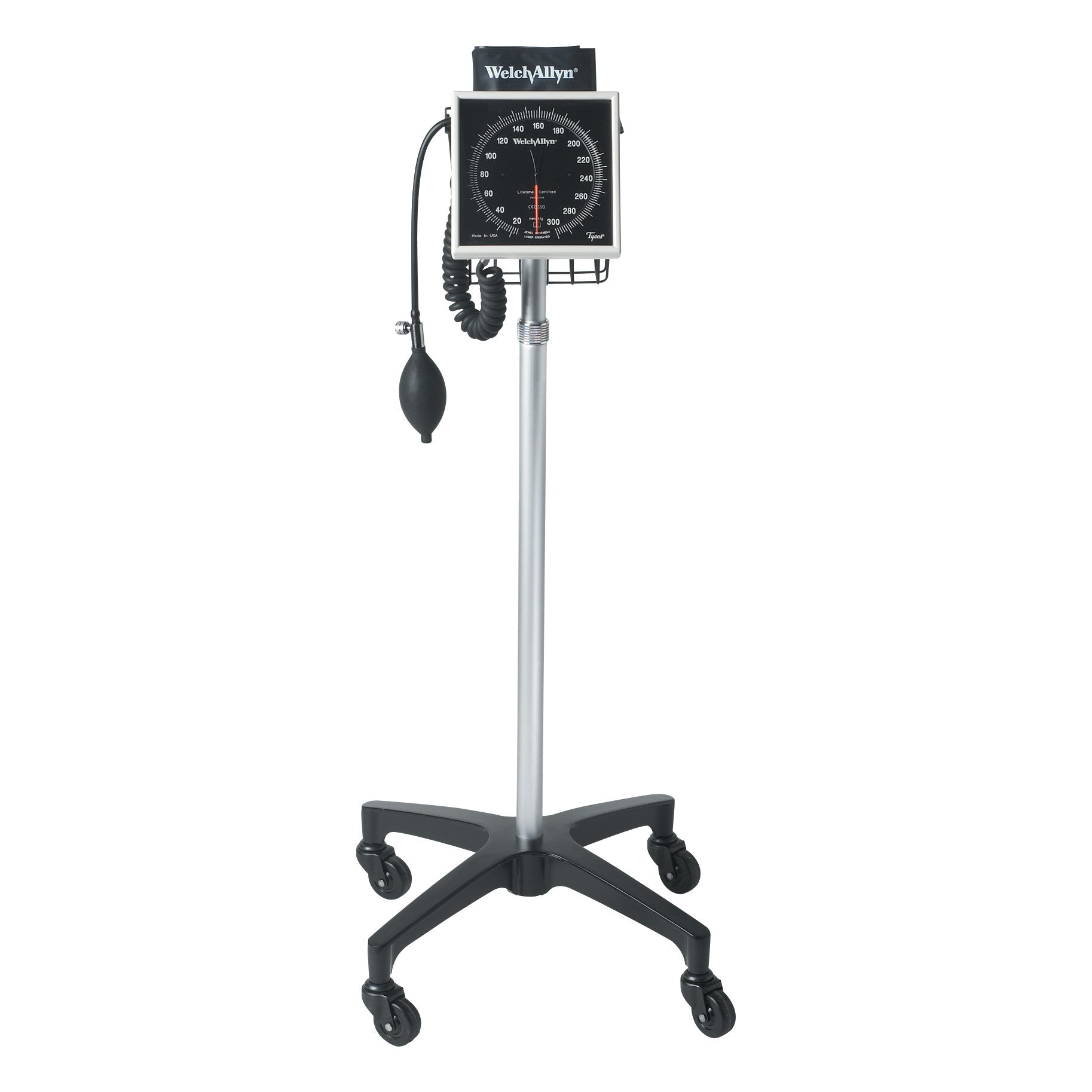 The Welch Allyn 767 Tycos Aneroid is a mobile blood pressure monitor on a stand with wheels and an adjustable gauge and cuff.