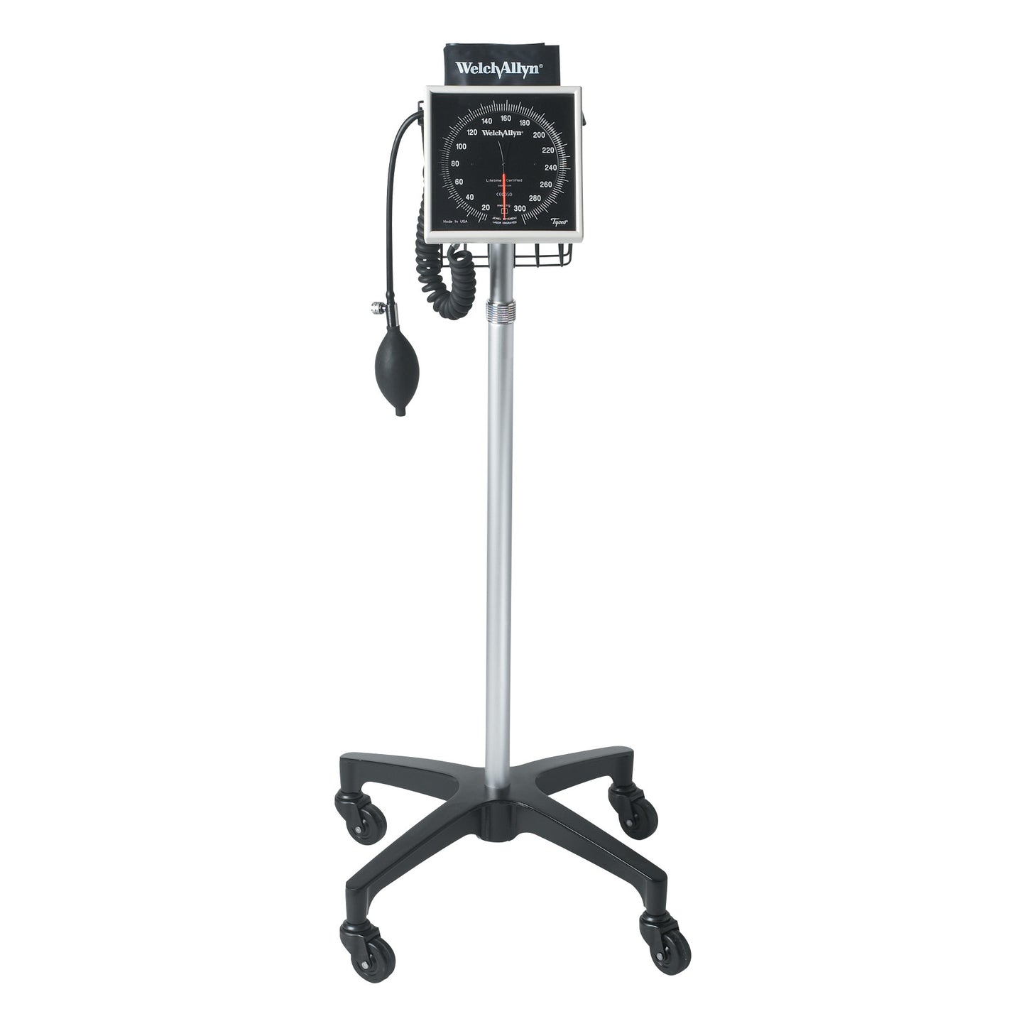 The Welch Allyn 767 Tycos Aneroid is a mobile blood pressure monitor on a stand with wheels and an adjustable gauge and cuff.