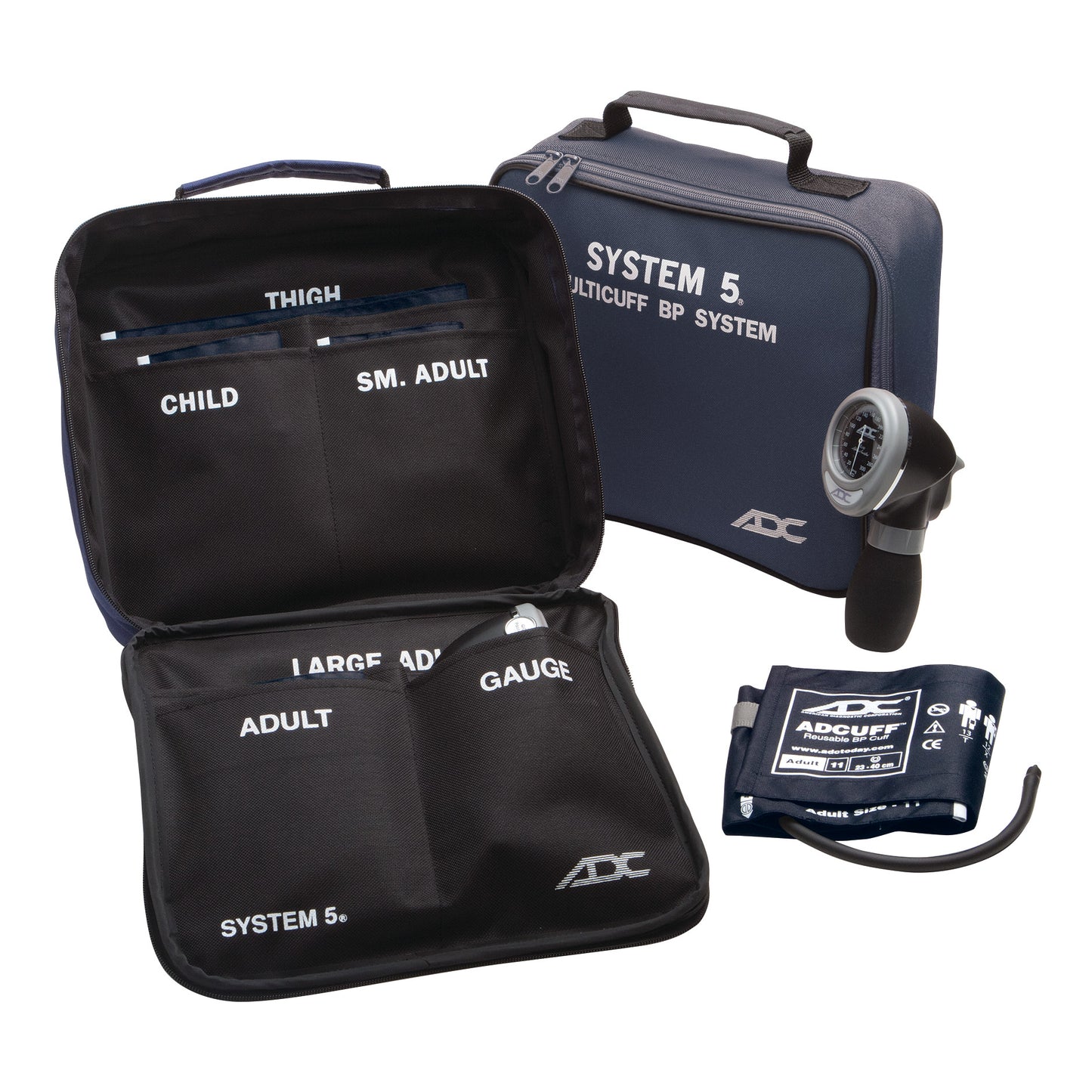 The ADC System 5 Portable 5-Cuff Sphygmomanometer is shown with various cuffs labeled for thigh, child, small adult, adult, and large adult.