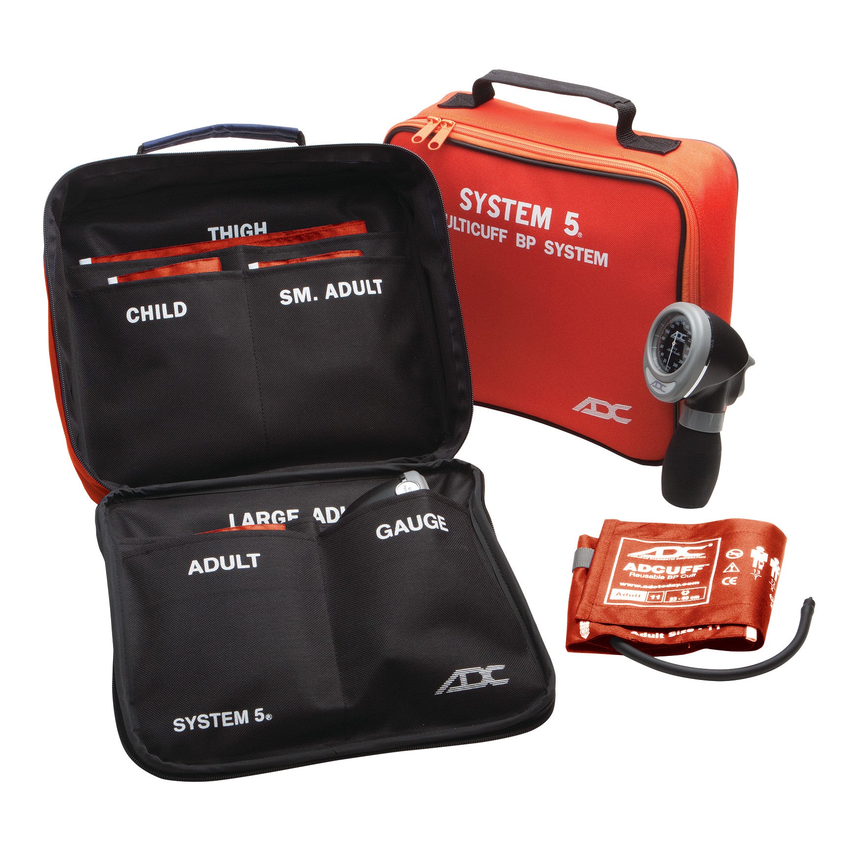 ADC System 5 Portable 5-Cuff Sphygmomanometer with an open case showing various cuff sizes and a gauge.