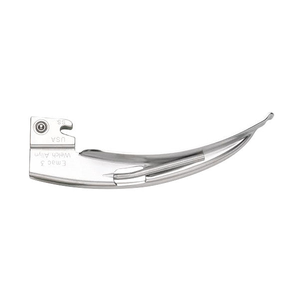 The Welch Allyn English MacIntosh Laryngoscope Blade is a curved, metallic medical instrument used for airway management.