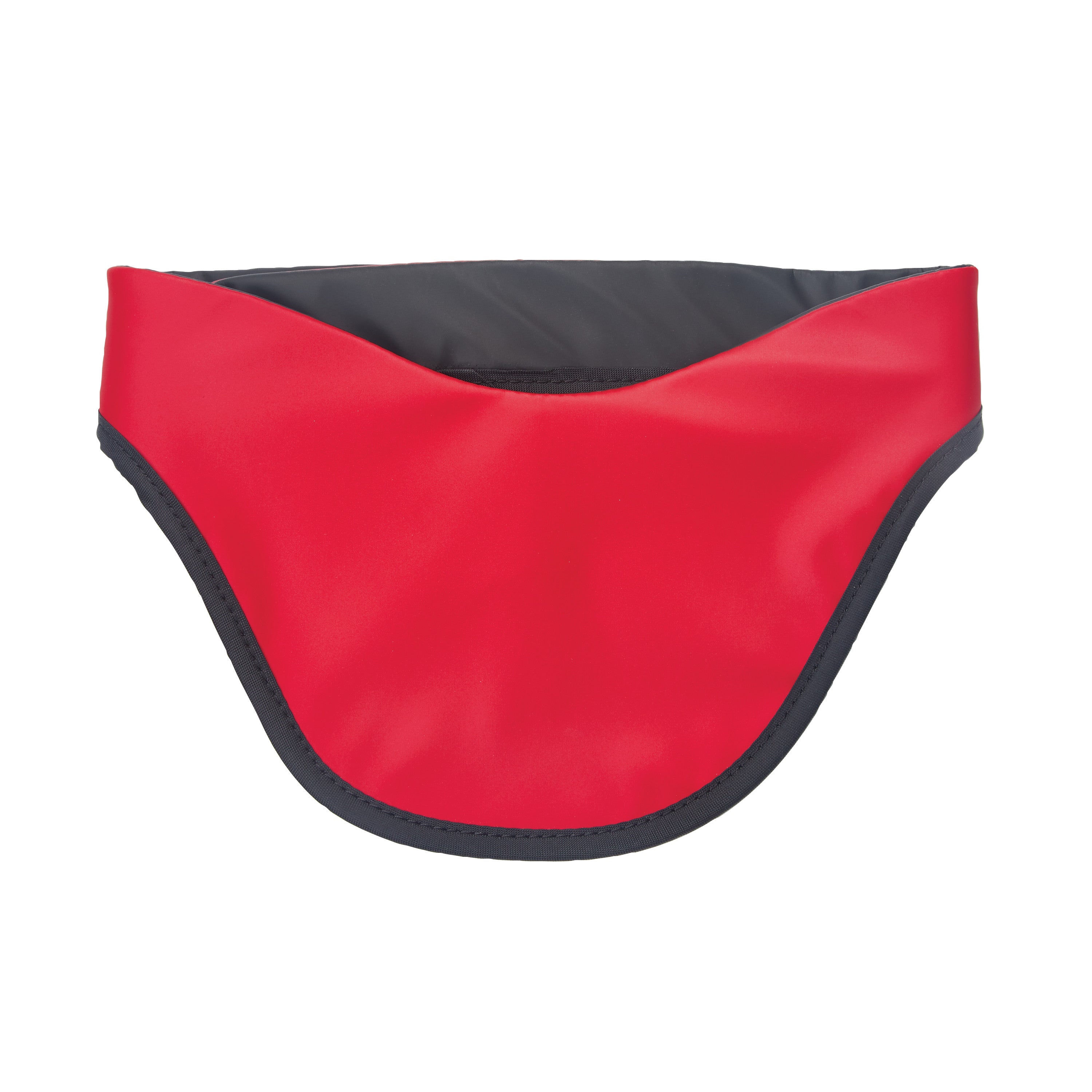 A protective AliMed Grab n Go Thyroid Shield in bright red with dark trim, designed to safeguard the thyroid area.