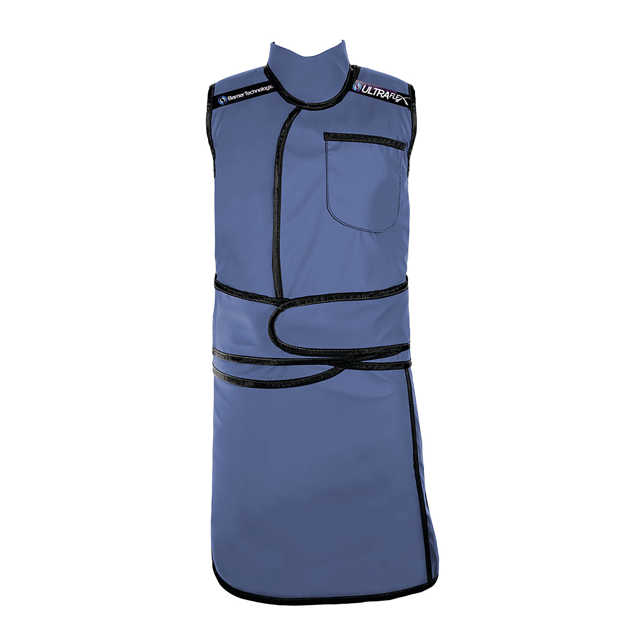 The Barrier Technologies Ready To Go UltraFlex Lead-Free Support Vest and Skirt is a blue protective garment with black trim and Velcro straps.
