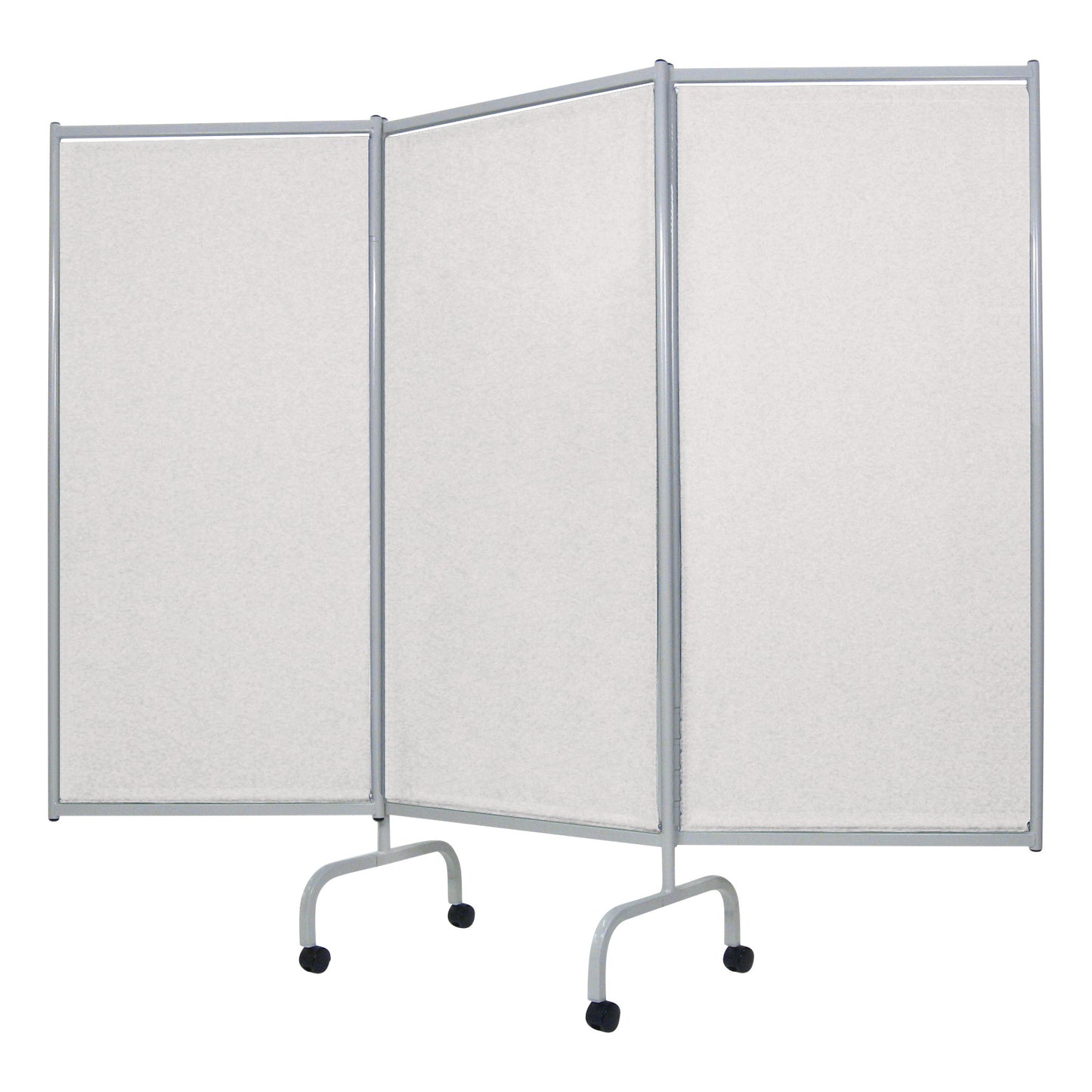 Champion Privess Elite Three-Panel Privacy Screen with a silver frame on wheels, featuring three connected white panels.