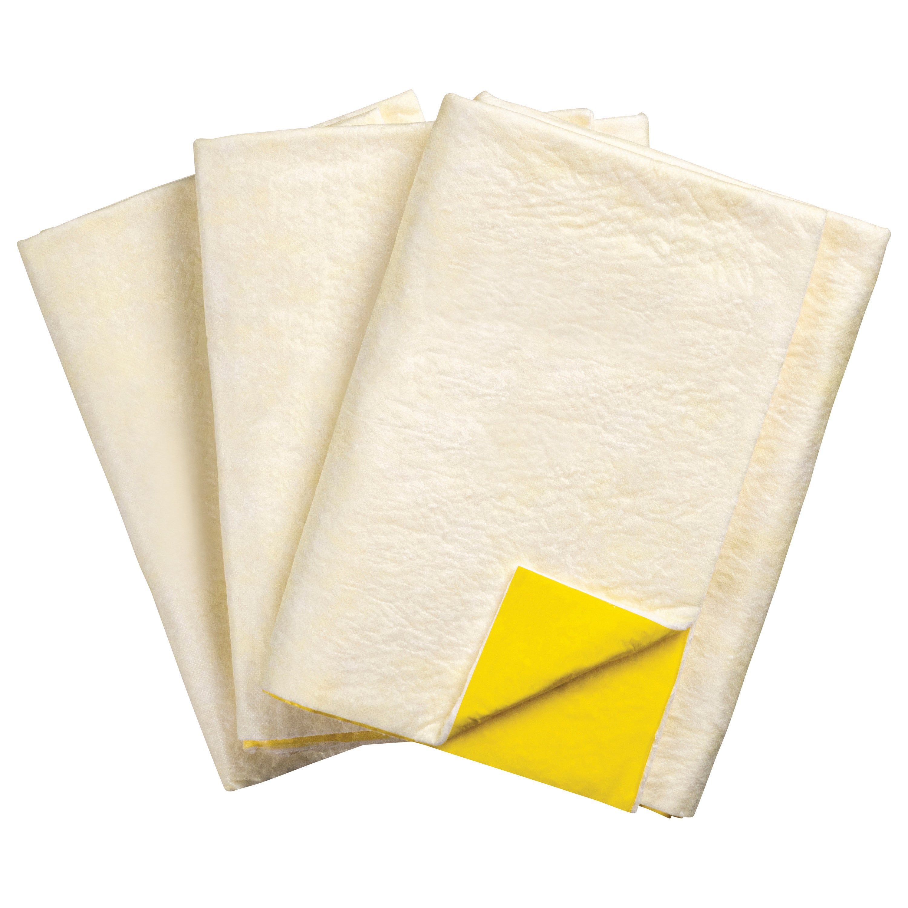 SpilfyterMED Yellow Absorbent Mat for Moderate Spillage, featuring cream-colored sheets with a yellow backing, arranged overlapping.