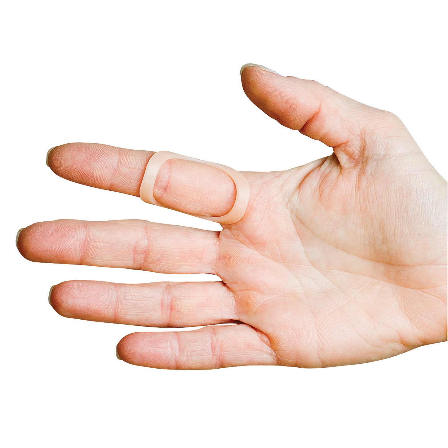 A hand wearing an Oval-8 Finger Splint on the middle finger. The splint is a beige, oval-shaped support device.