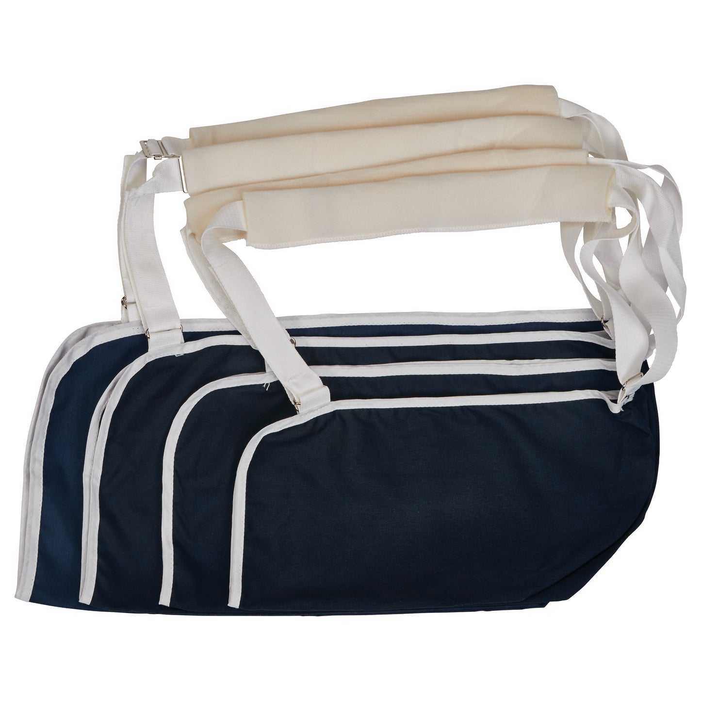 AliMed Deluxe Envelope Style Arm Sling, featuring black fabric with white trim and adjustable straps, shown folded and layered.