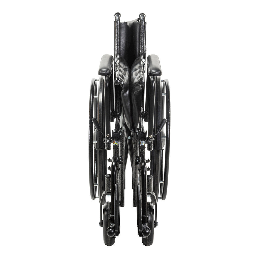 Drive Medical Sentra EC Heavy-Duty Wheelchair with Full Arms and Swing-Away Footrests, folded in an upright position, viewed from the front.