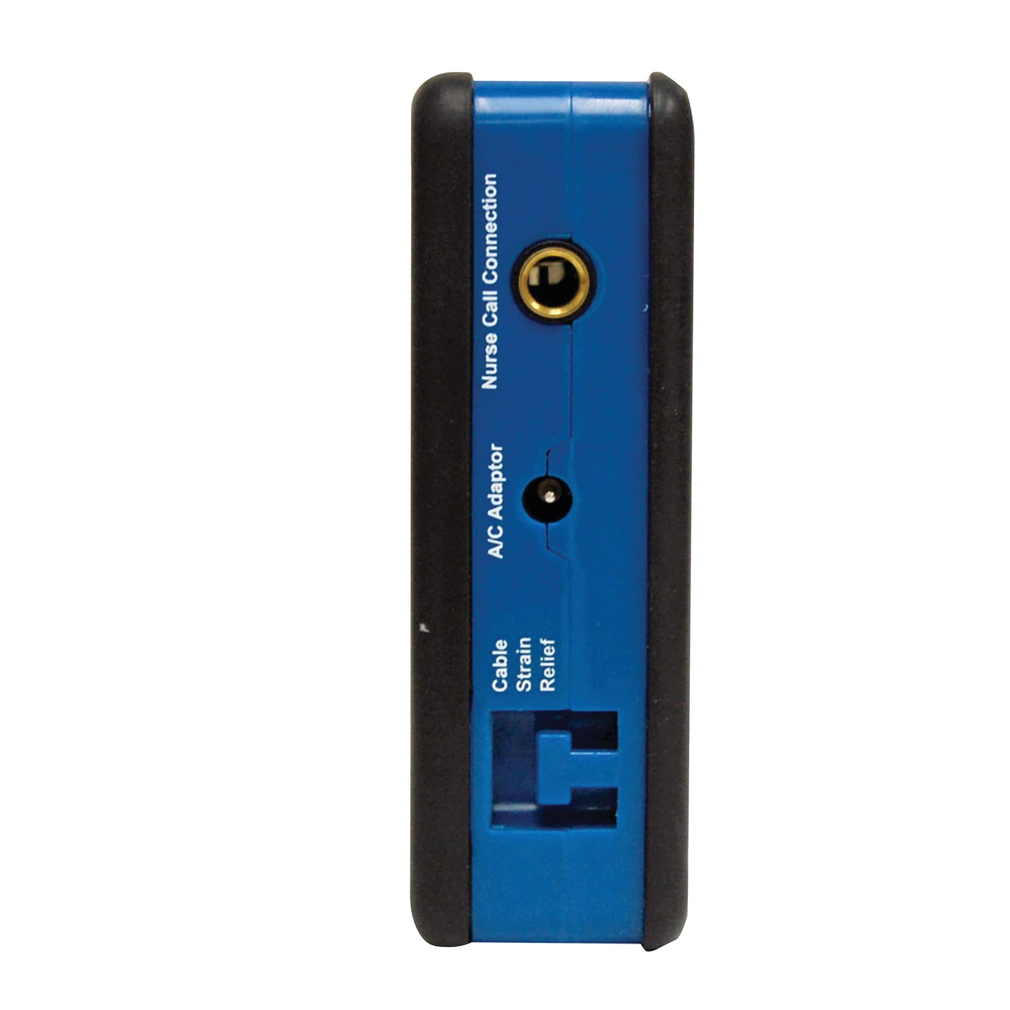 Side view of the SkiL-Care BedPro Safety Alarm System, showing nurse call connection, AC adaptor, and cable strain relief ports.
