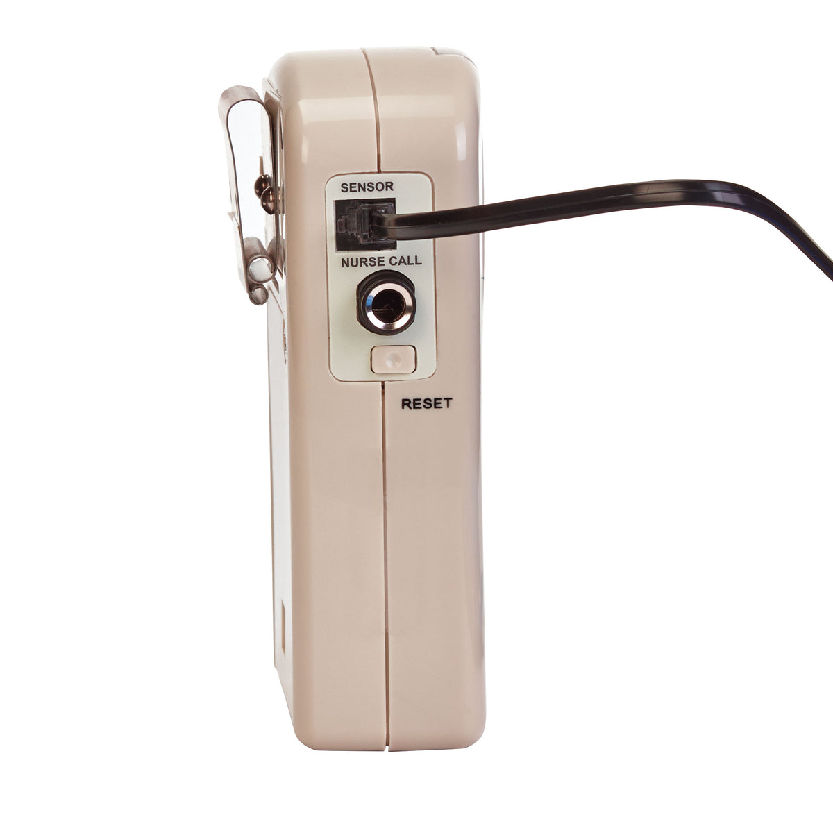 The AliMed IQ VOICE Alarm features a sensor port, nurse call button, reset button, and a connecting cable.