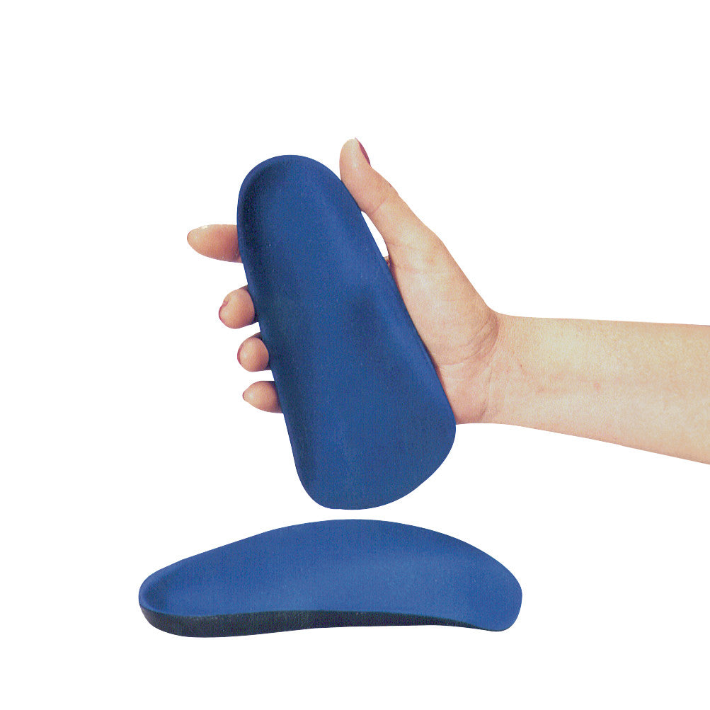 A hand holds the AliMed FREEDOM Accommodator Half Sole Orthotic, with another orthotic resting below, both in dark blue.