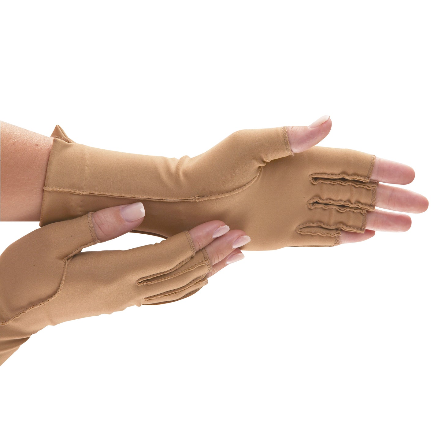 Hands wearing Isotoner Therapeutic Compression Gloves in a light beige color, shown against a white background.