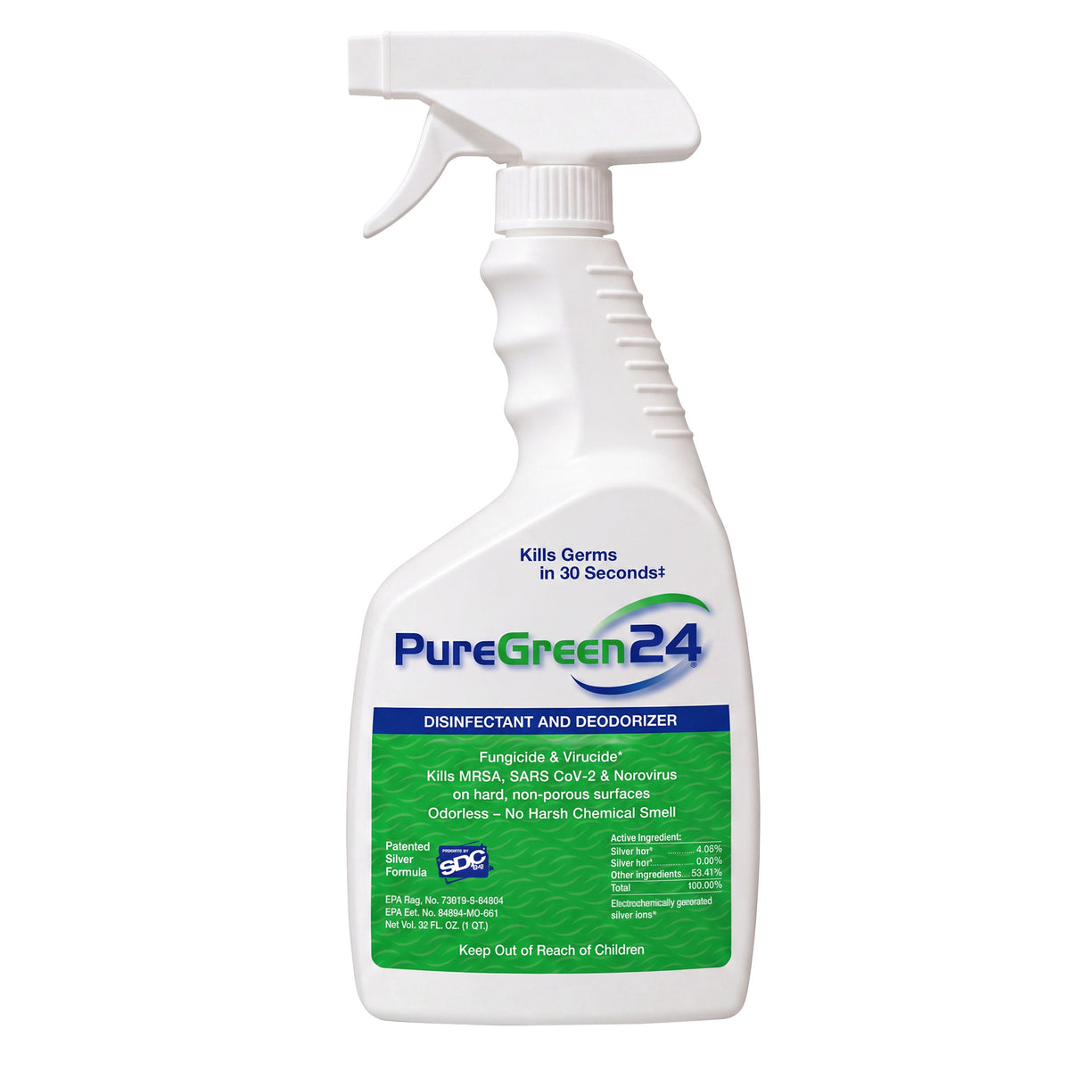 White spray bottle labeled "PureGreen24 Disinfectant and Deodorizer Spray," claims to kill germs in 30 seconds, odorless formula.